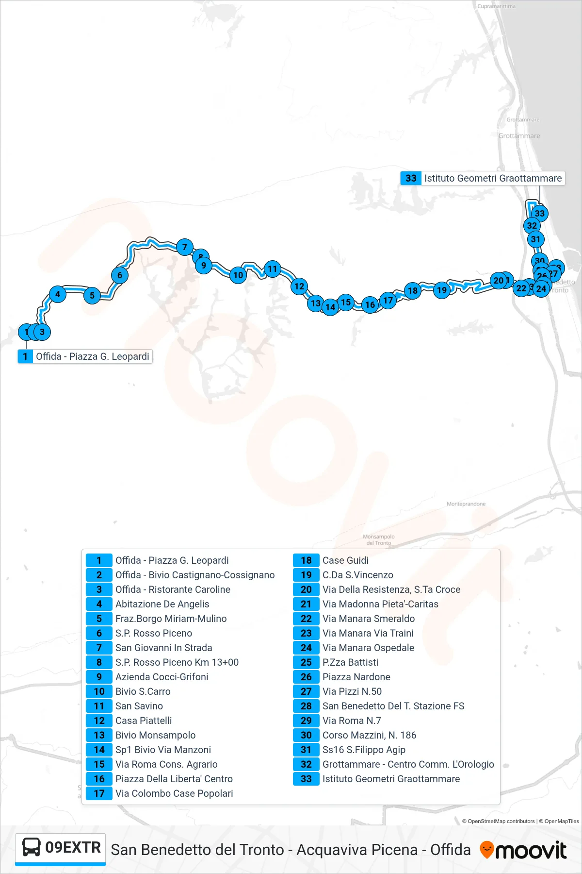Linea 09EXTR  bus (Istituto Geometri Graottammare) - Percorsi e fermate sulla mappa