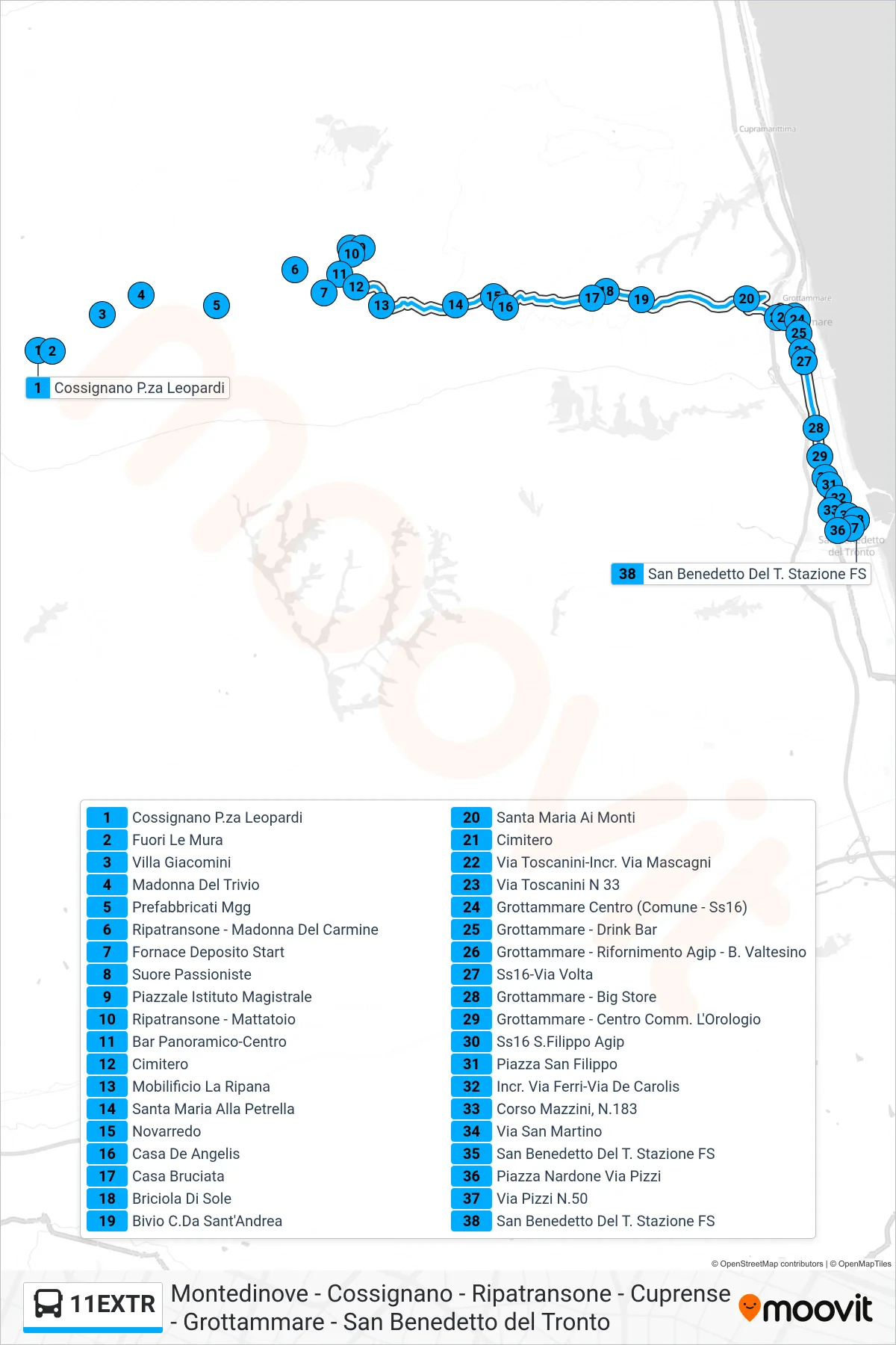 Linea 11EXTR bus (San Benedetto Del T. Stazione FS) - Percorsi e fermate sulla mappa
