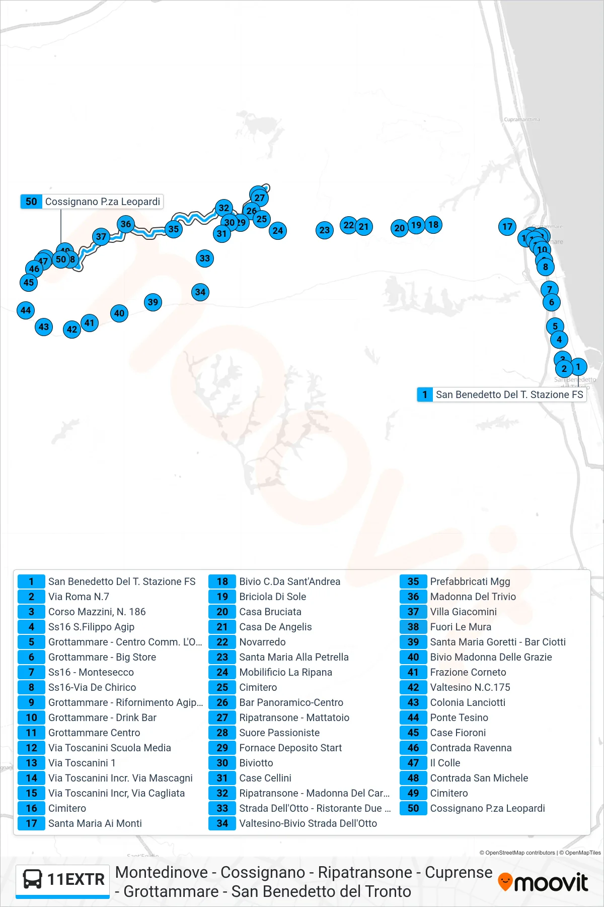 Linea 11EXTR  bus (Cossignano P.za Leopardi) - Percorsi e fermate sulla mappa