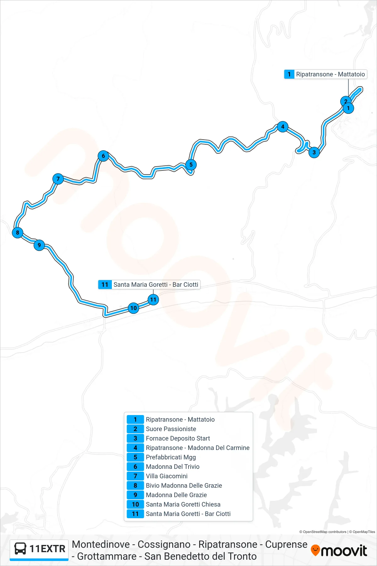 Linea 11EXTR  bus (Santa Maria Goretti - Bar Ciotti) - Percorsi e fermate sulla mappa