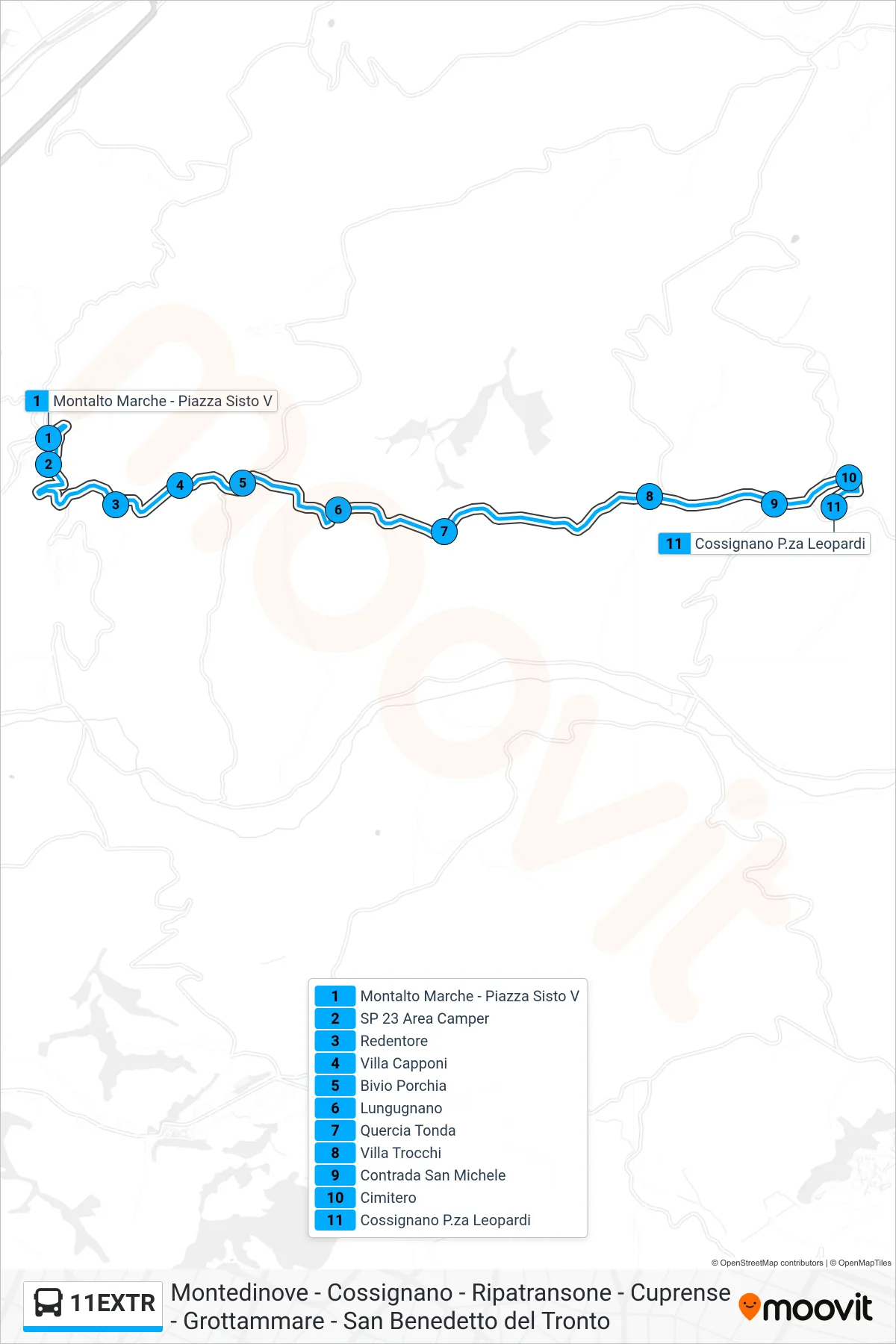 Linea 11EXTR  bus (Cossignano P.za Leopardi) - Percorsi e fermate sulla mappa