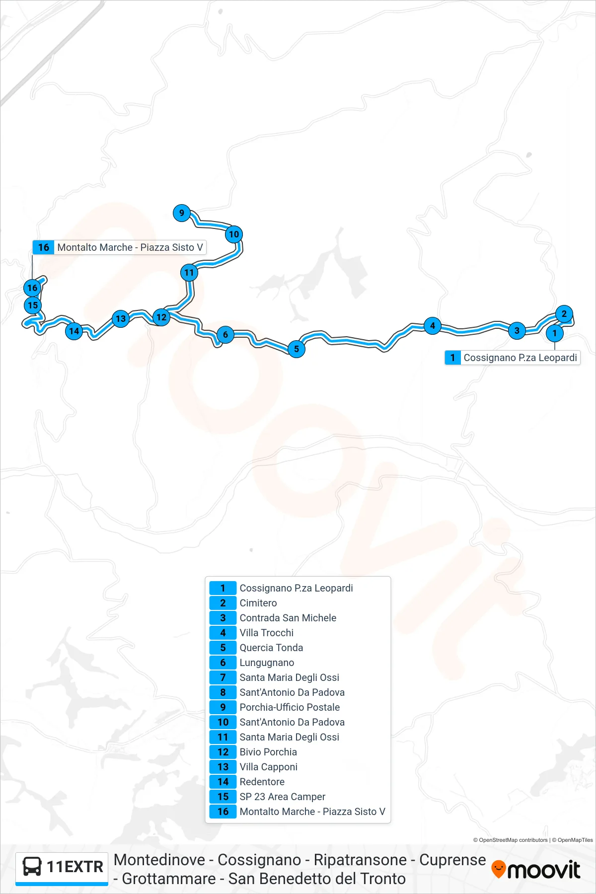 Linea 11EXTR  bus (Montalto Marche - Piazza Sisto V) - Percorsi e fermate sulla mappa