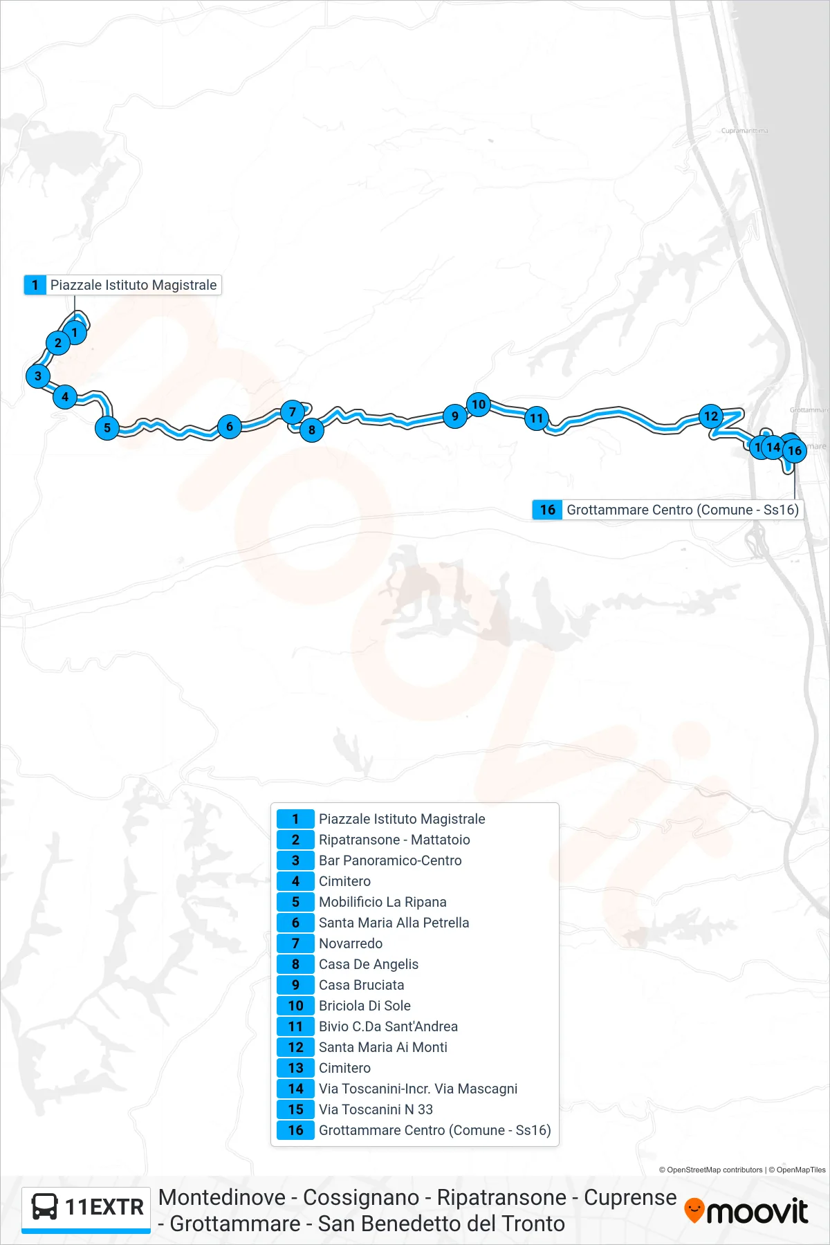 Linea 11EXTR  bus (Grottammare Centro (Comune - Ss16)) - Percorsi e fermate sulla mappa