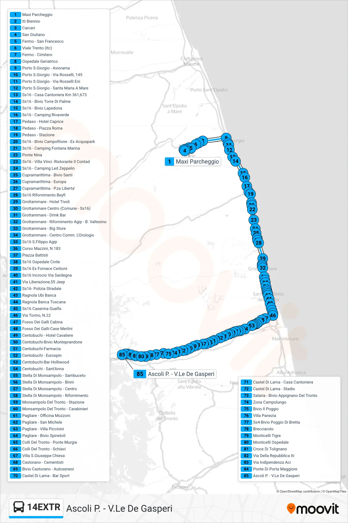 Linea 14EXTR  bus (Ascoli P. - V.Le De Gasperi) - Percorsi e fermate sulla mappa