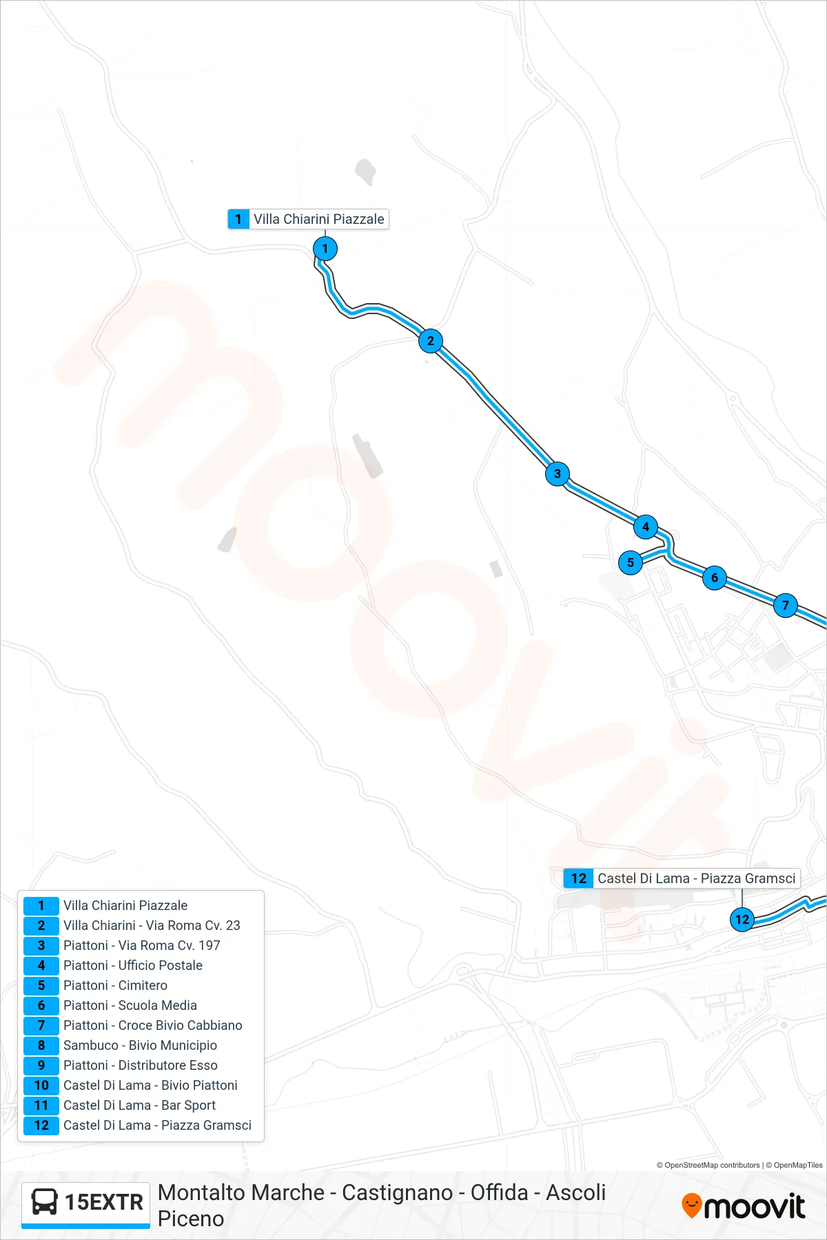Linea 15EXTR  bus (Castel Di Lama - Piazza Gramsci) - Percorsi e fermate sulla mappa