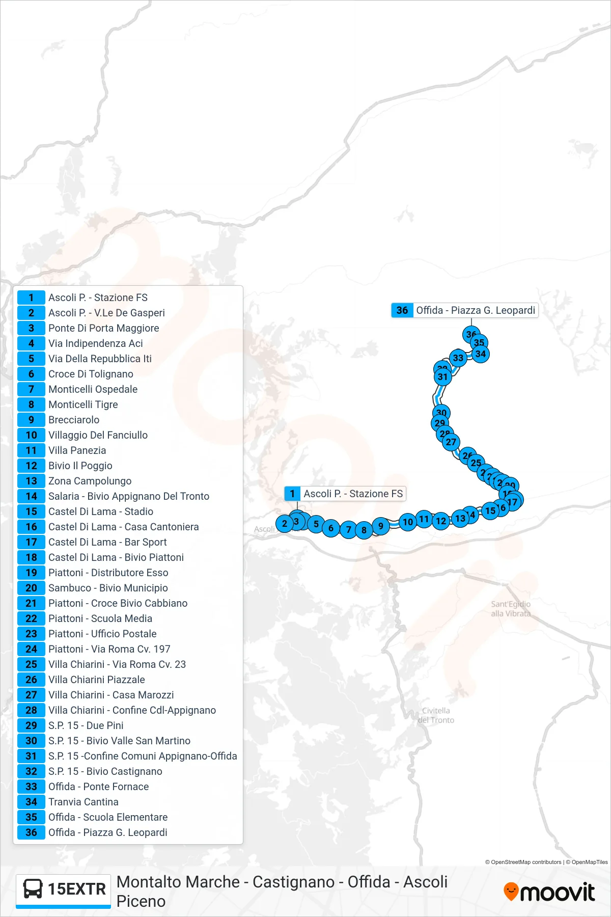 Linea 15EXTR bus (Offida - Piazza G. Leopardi) - Percorsi e fermate sulla mappa