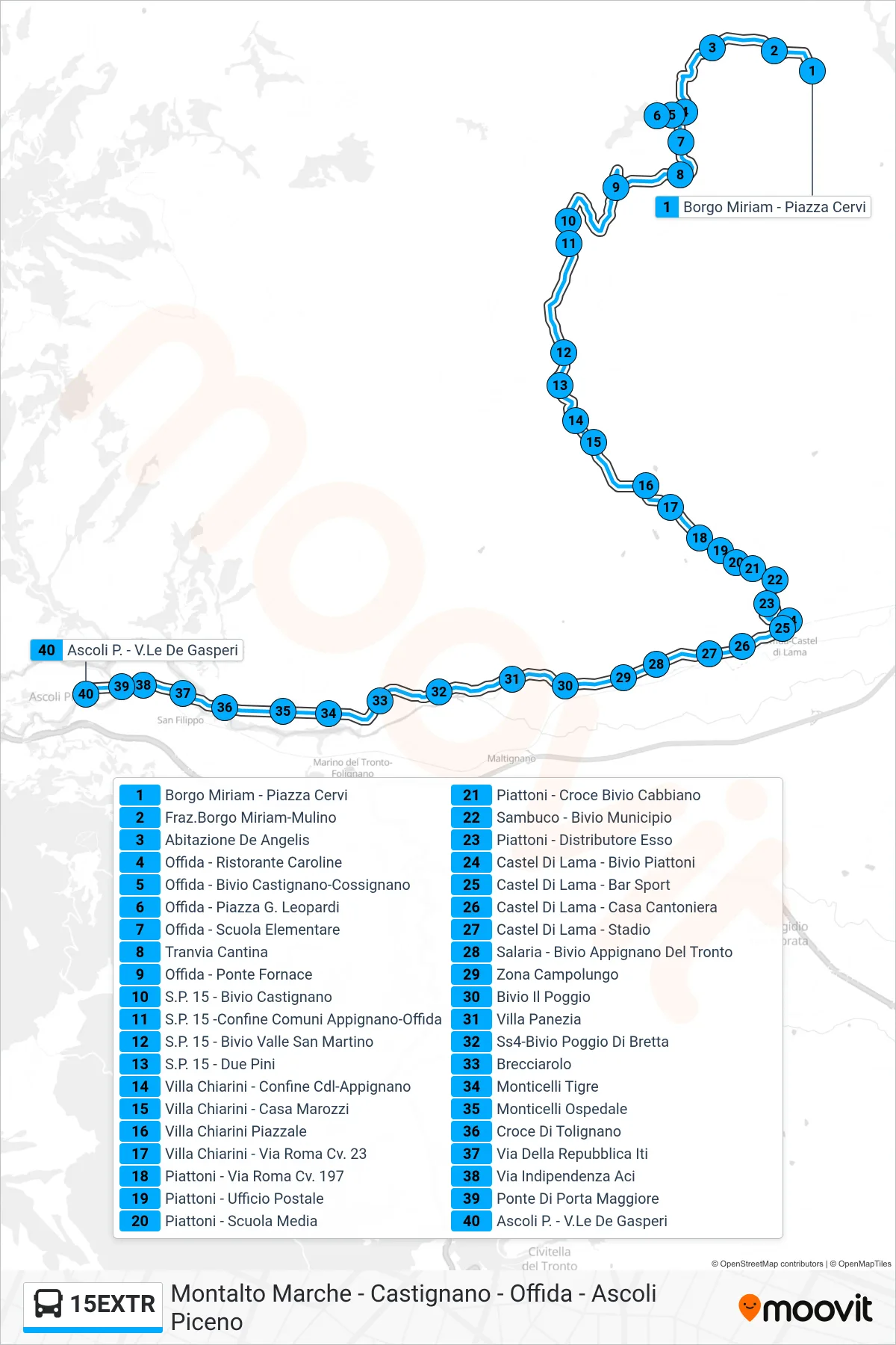 Linea 15EXTR bus (Ascoli P. - V.Le De Gasperi) - Percorsi e fermate sulla mappa