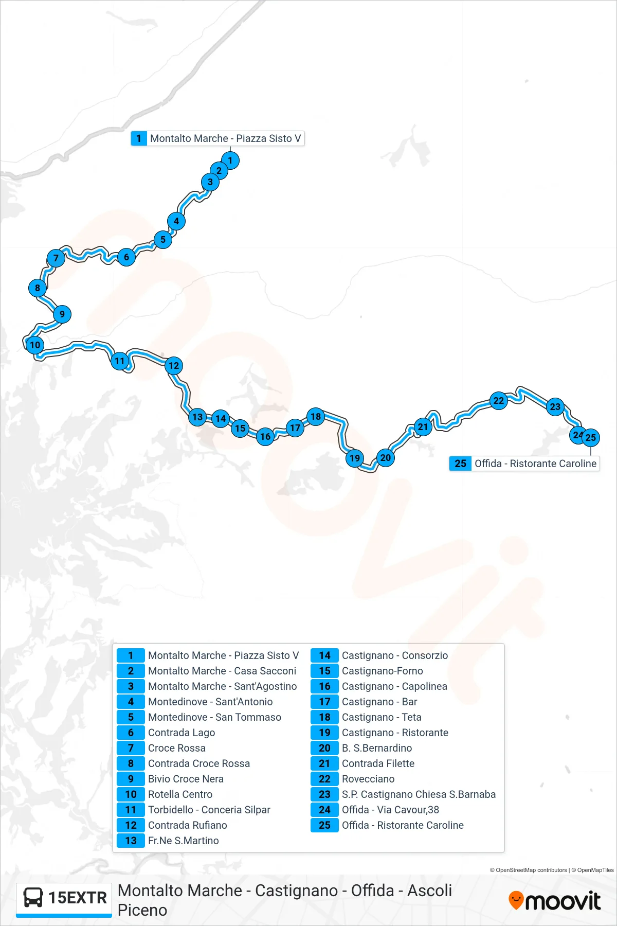 Linea 15EXTR bus (Offida - Ristorante Caroline) - Percorsi e fermate sulla mappa