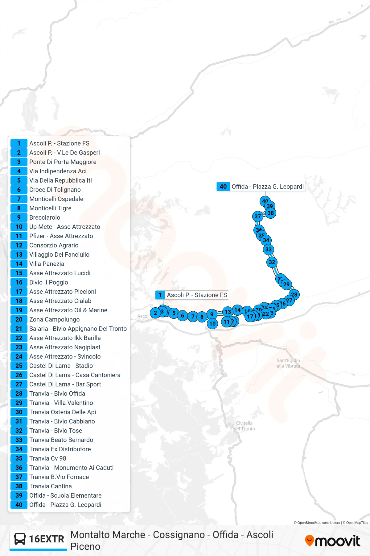 Linea 16EXTR bus (Offida - Piazza G. Leopardi) - Percorsi e fermate sulla mappa