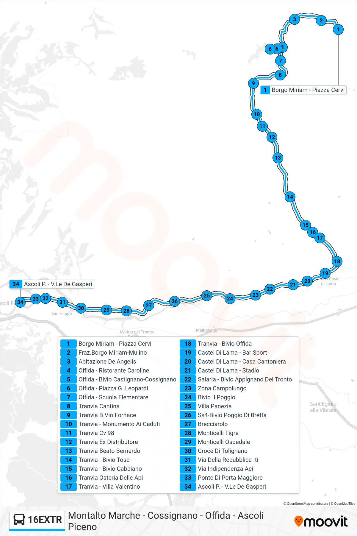 Linea 16EXTR bus (Ascoli P. - V.Le De Gasperi) - Percorsi e fermate sulla mappa