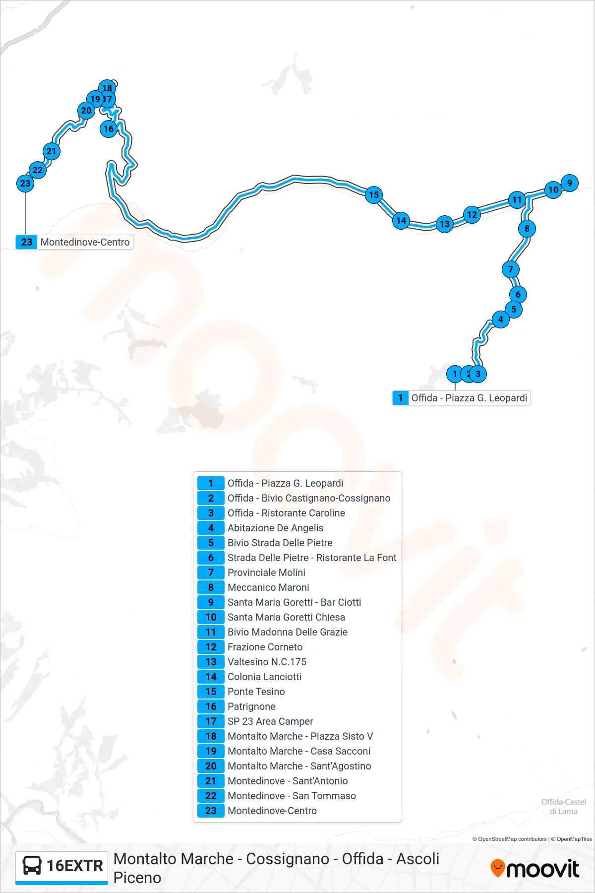 Linea 16EXTR bus (Montedinove-Centro) - Percorsi e fermate sulla mappa