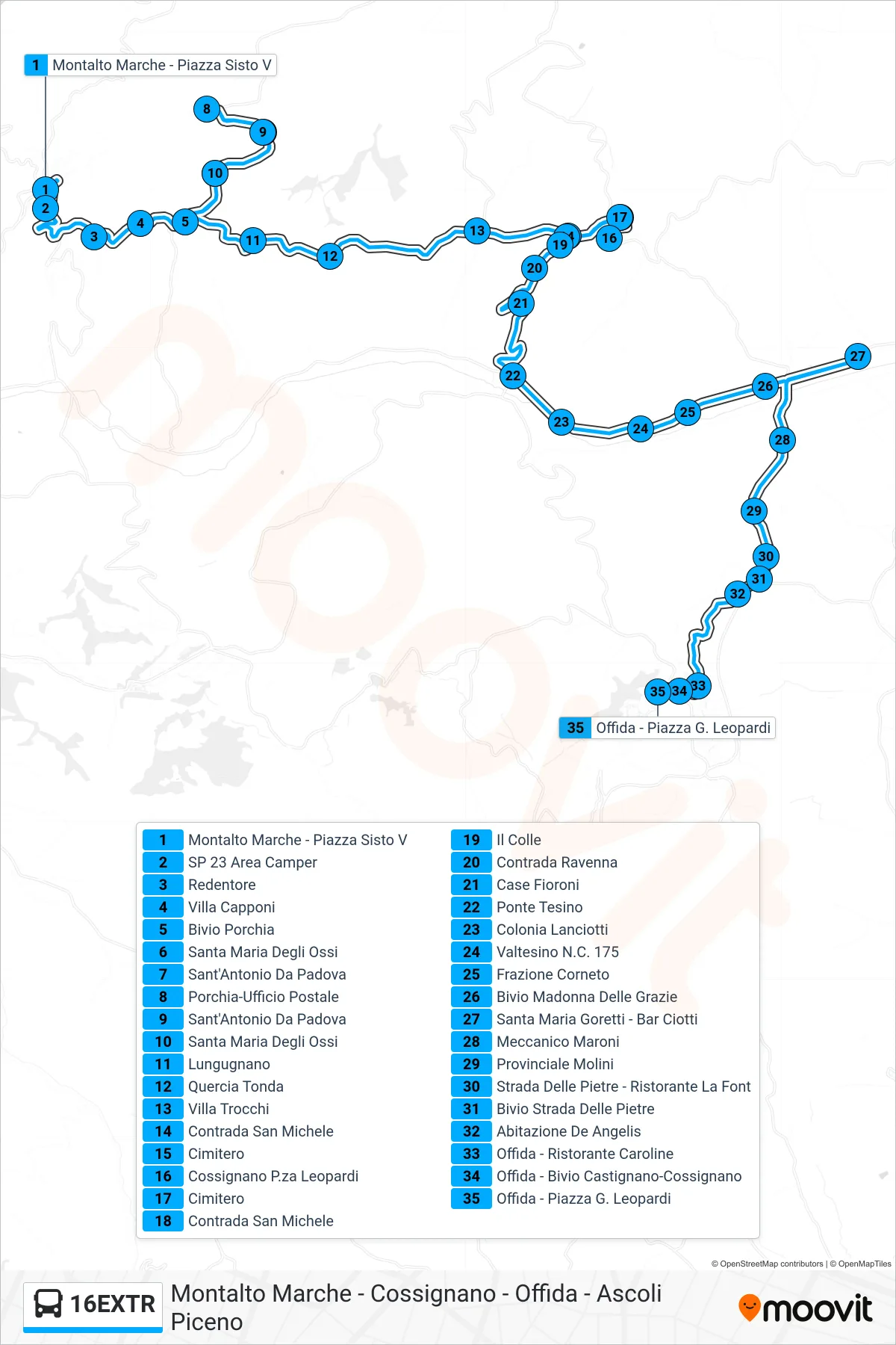 Linea 16EXTR  bus (Offida - Piazza G. Leopardi) - Percorsi e fermate sulla mappa