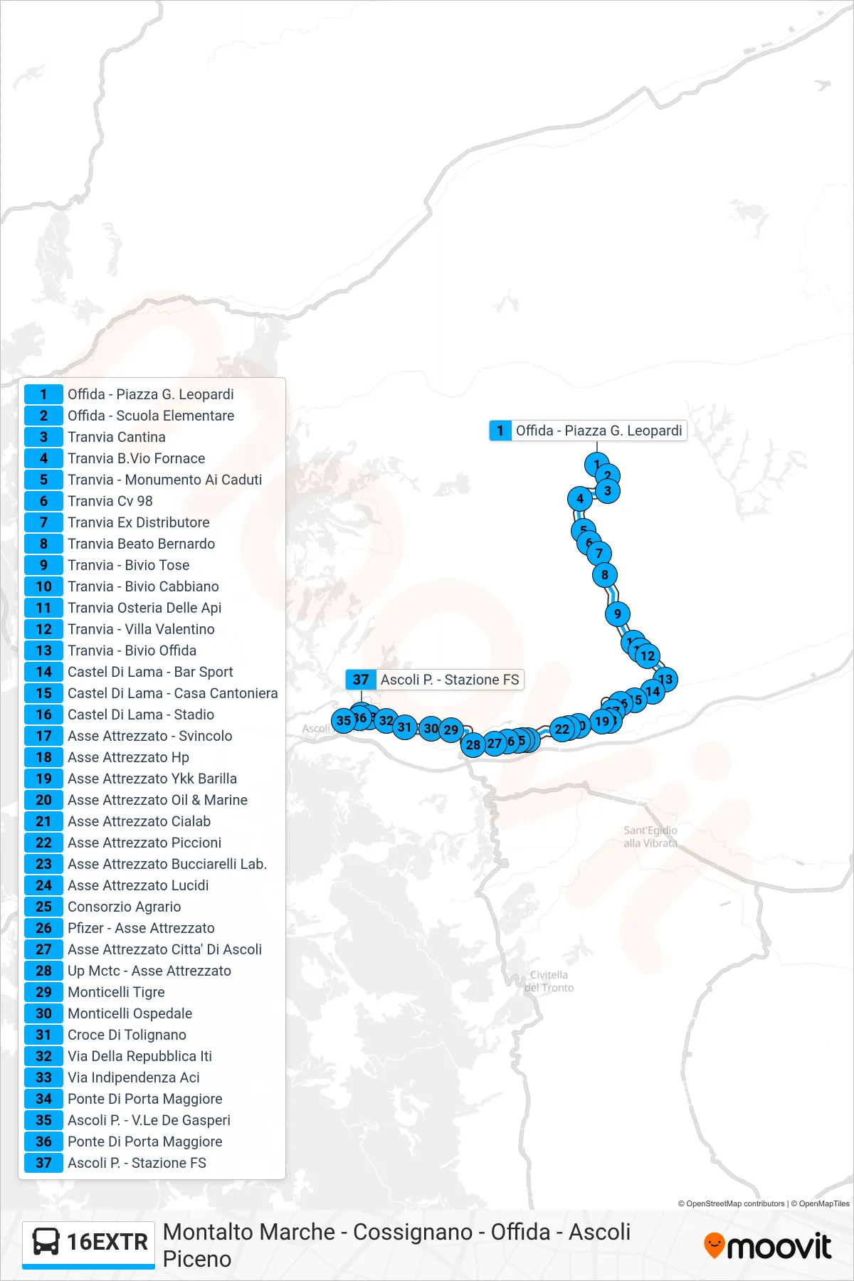 Linea 16EXTR bus (Ascoli P. - Stazione FS) - Percorsi e fermate sulla mappa