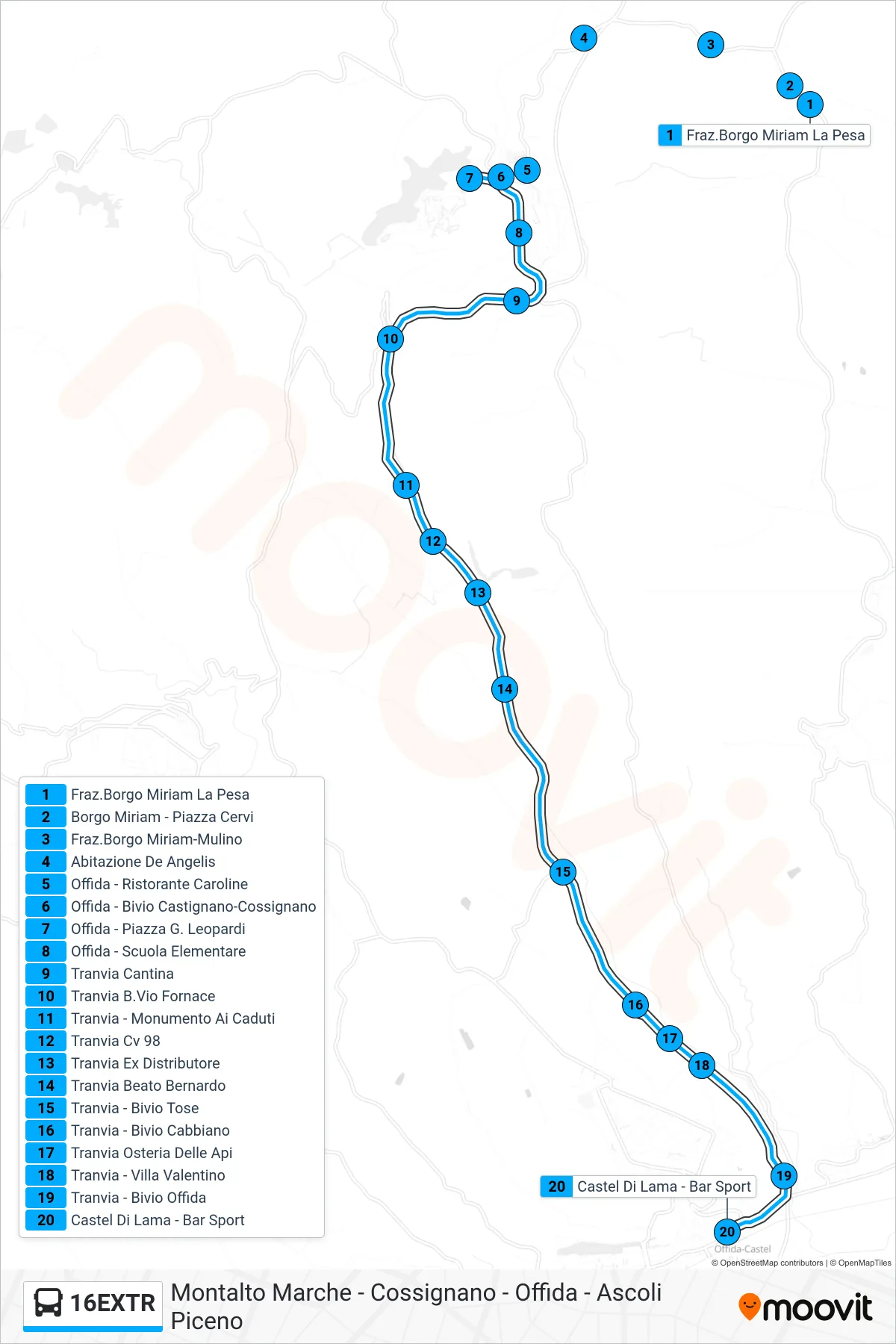 Linea 16EXTR  bus (Castel Di Lama - Bar Sport) - Percorsi e fermate sulla mappa