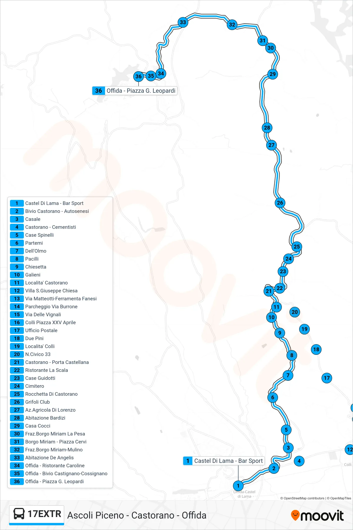 Linea 17EXTR  bus (Offida - Piazza G. Leopardi) - Percorsi e fermate sulla mappa