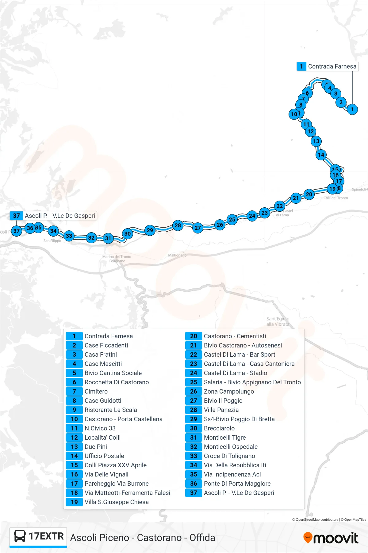 Linea 17EXTR bus (Ascoli P. - V.Le De Gasperi) - Percorsi e fermate sulla mappa