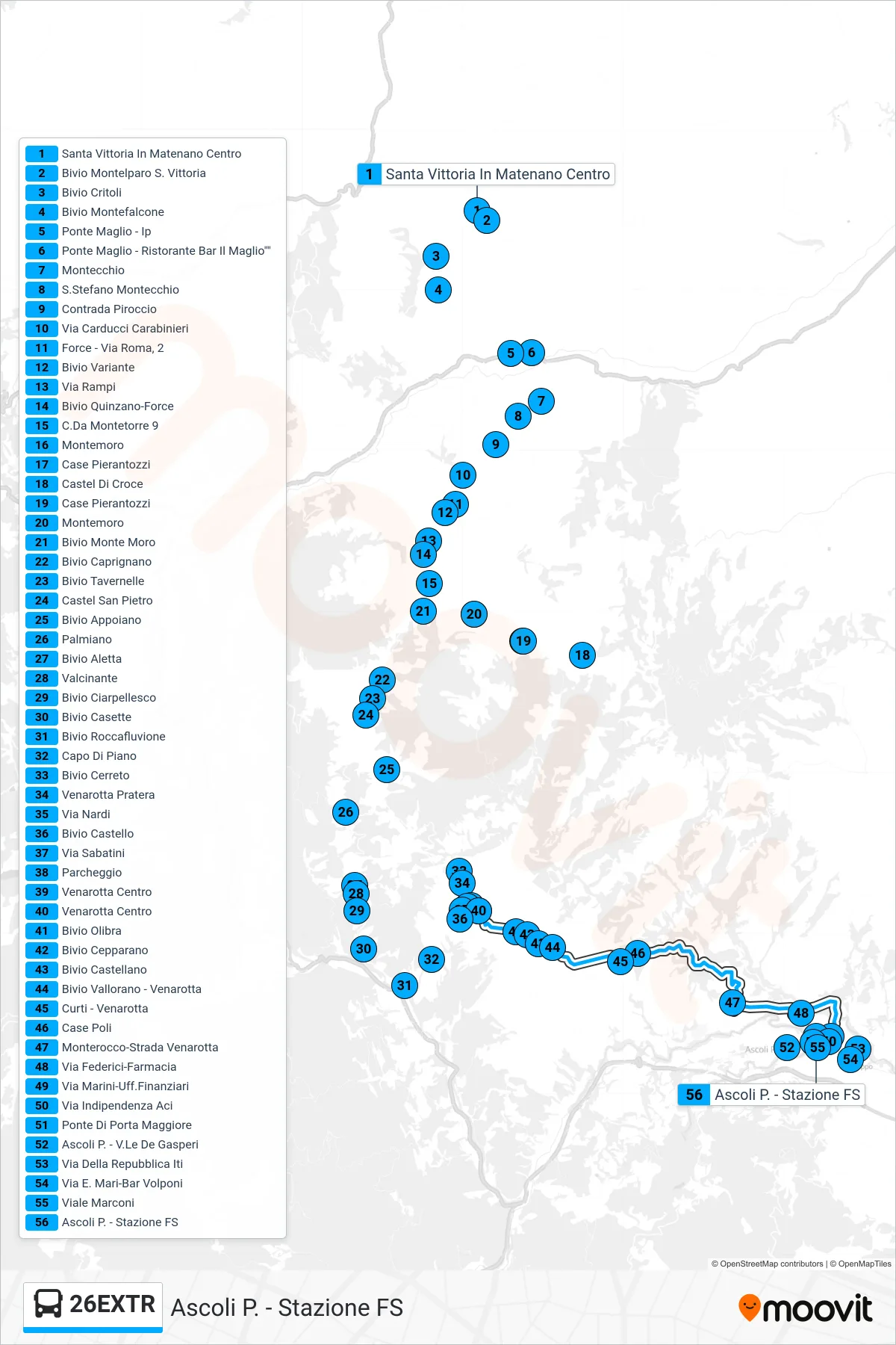 Linea 26EXTR bus (Ascoli P. - Stazione FS) - Percorsi e fermate sulla mappa