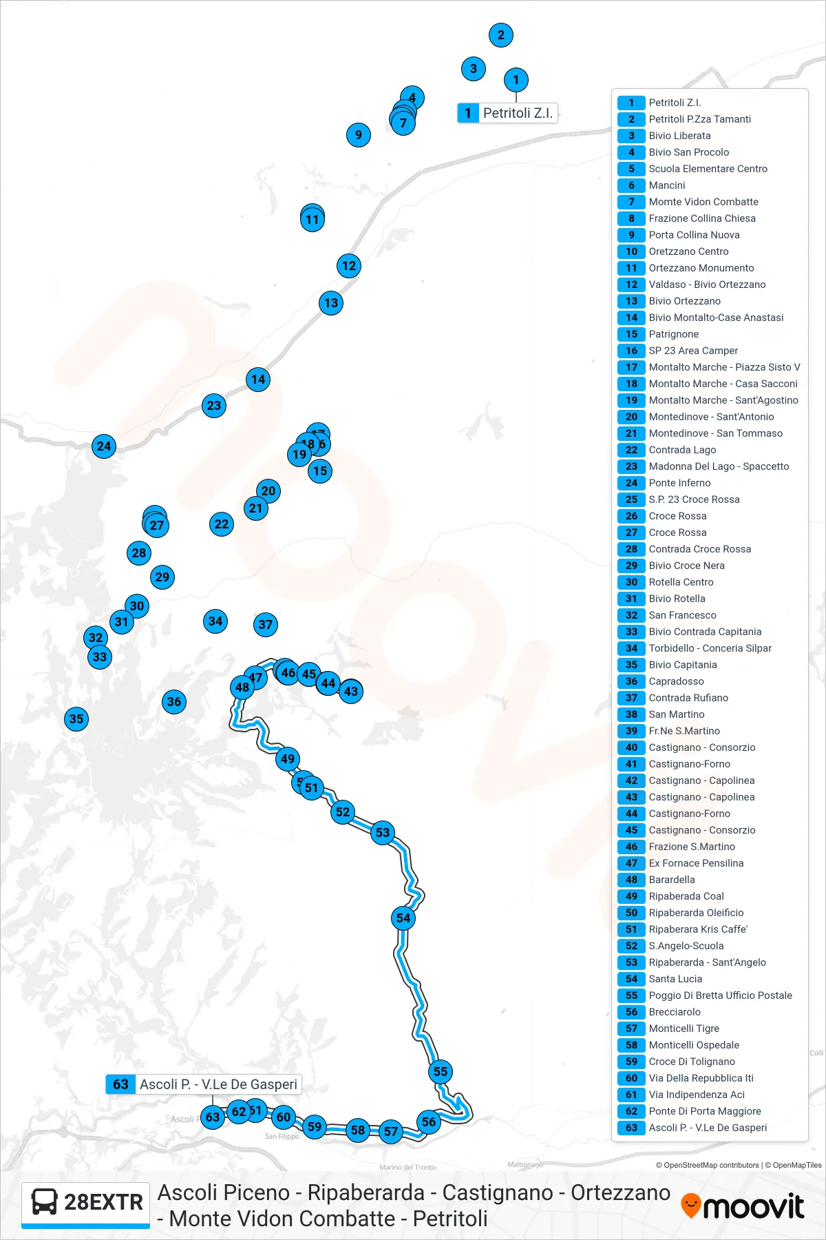 Linea 28EXTR  bus (Ascoli P. - V.Le De Gasperi) - Percorsi e fermate sulla mappa