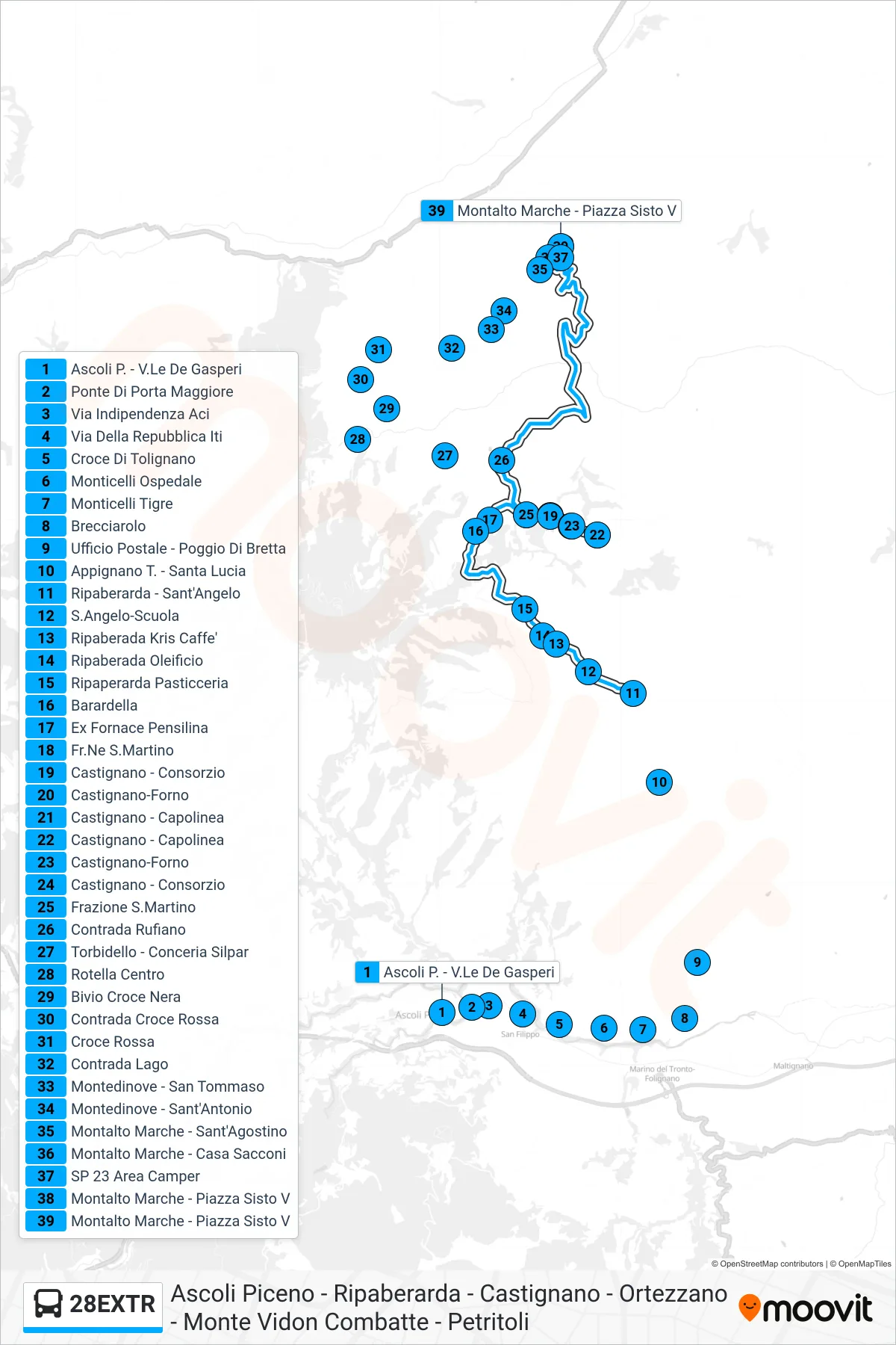 Linea 28EXTR bus (Montalto Marche - Piazza Sisto V) - Percorsi e fermate sulla mappa