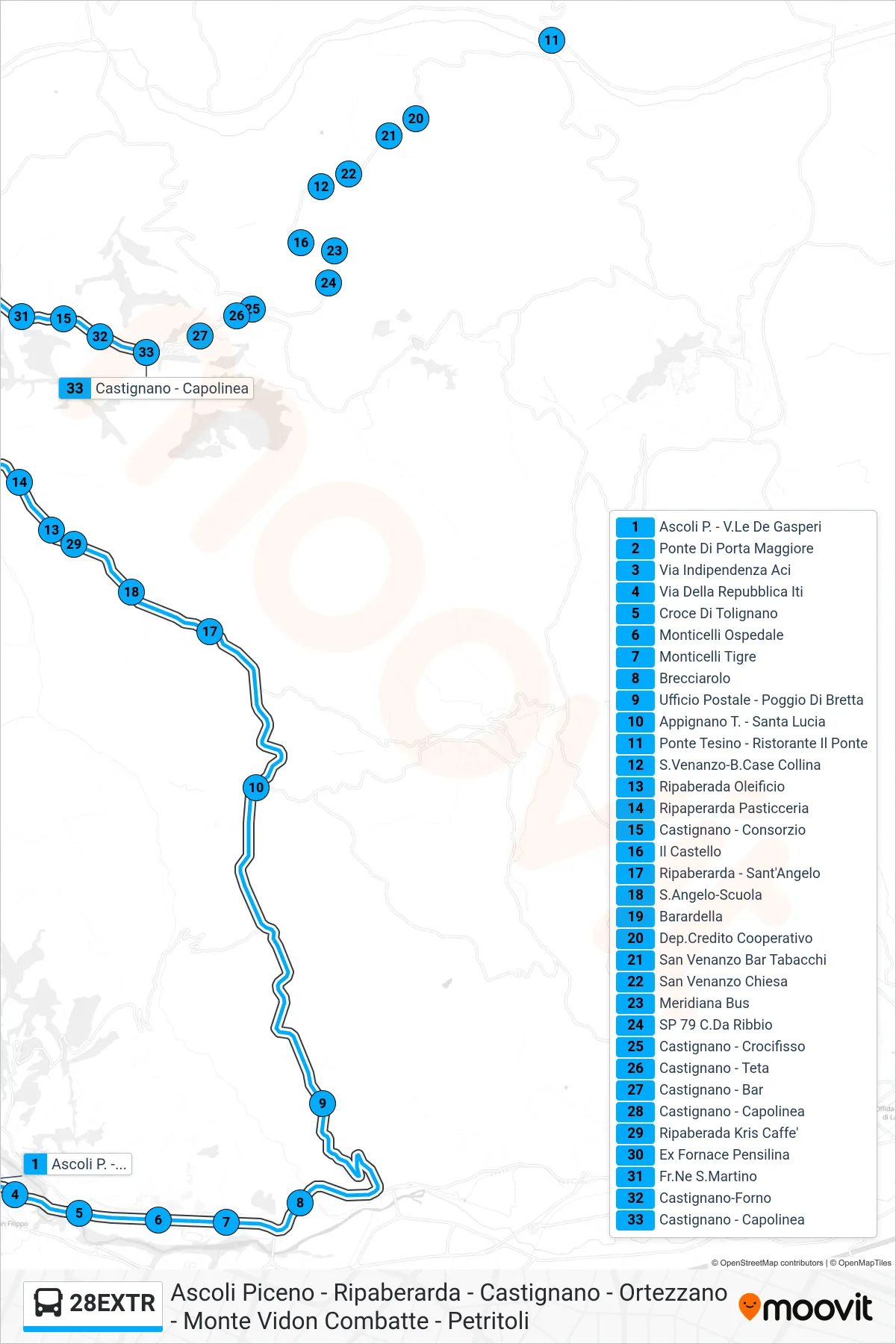 Linea 28EXTR  bus (Castignano - Capolinea) - Percorsi e fermate sulla mappa