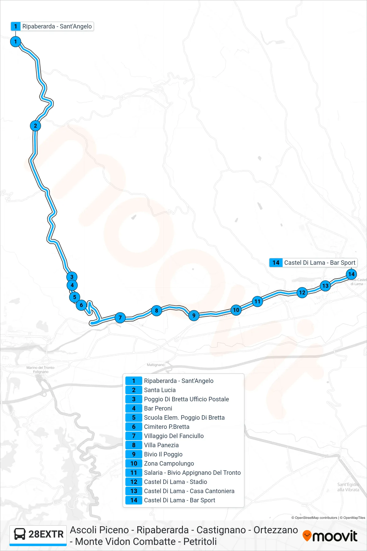 Linea 28EXTR bus (Castel Di Lama - Bar Sport) - Percorsi e fermate sulla mappa