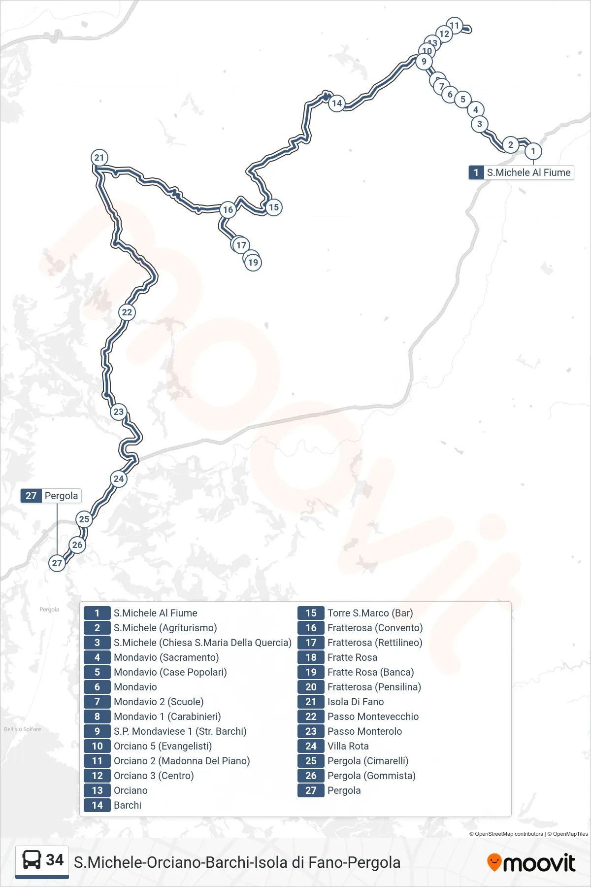 34 bus Line (Pergola) route and stops on a map
