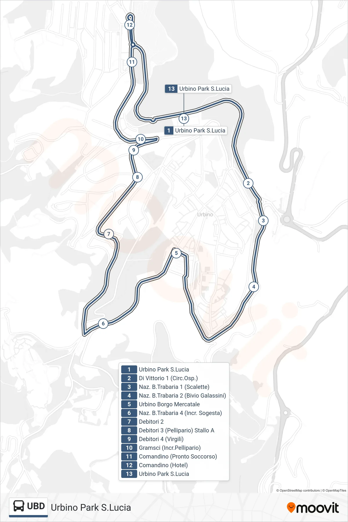 Linea UBD bus (Urbino Park S.Lucia) - Percorsi e fermate sulla mappa
