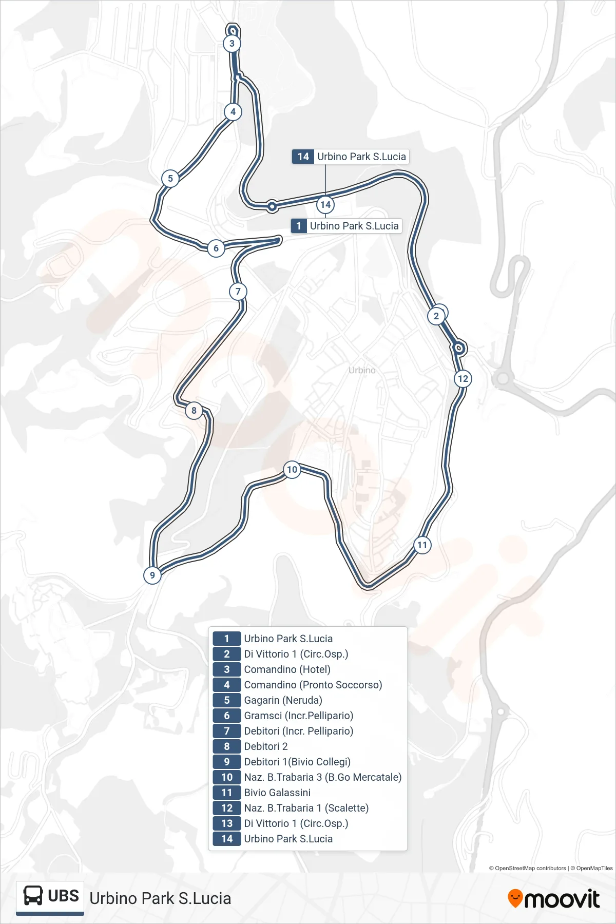Linea UBS bus (Urbino Park S.Lucia) - Percorsi e fermate sulla mappa