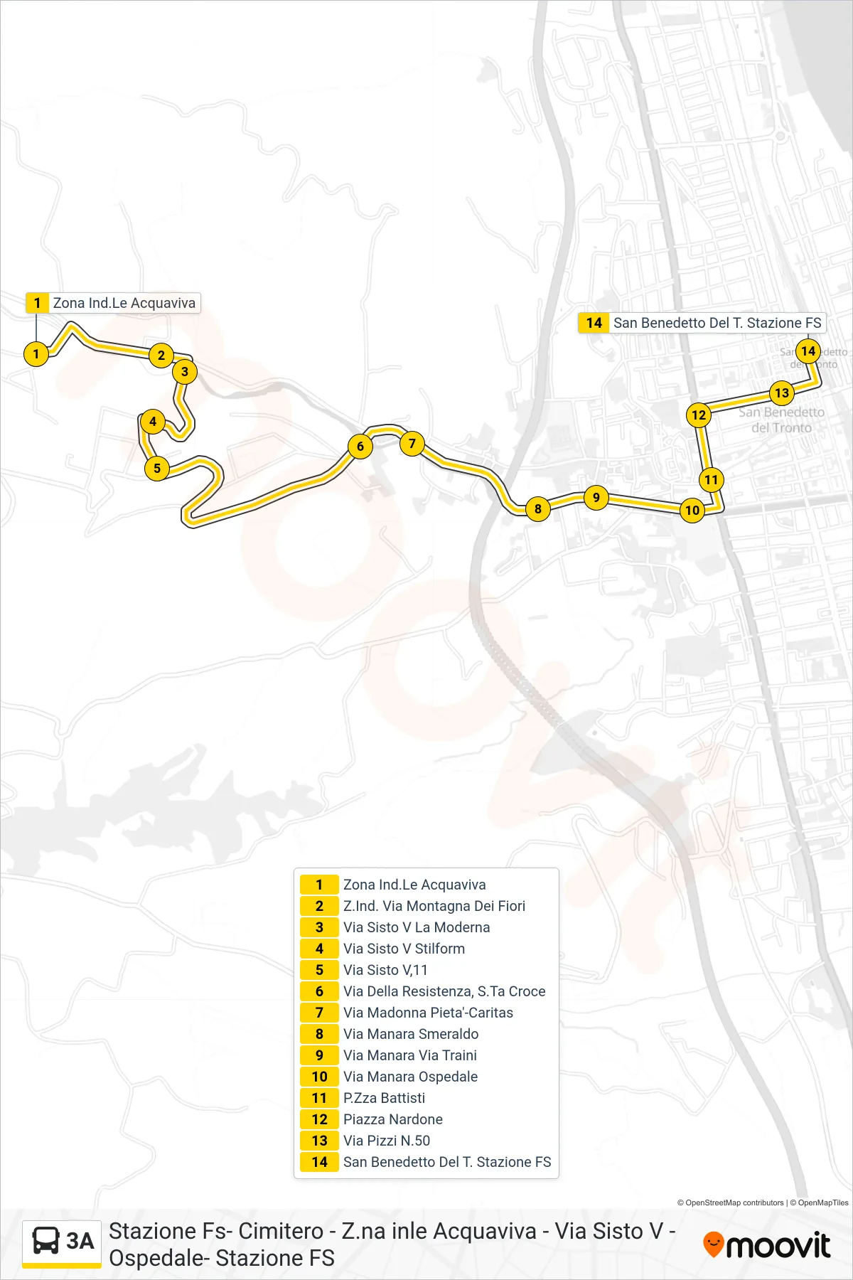 3A bus Line (San Benedetto Del Tronto Train Station) route and stops on a map
