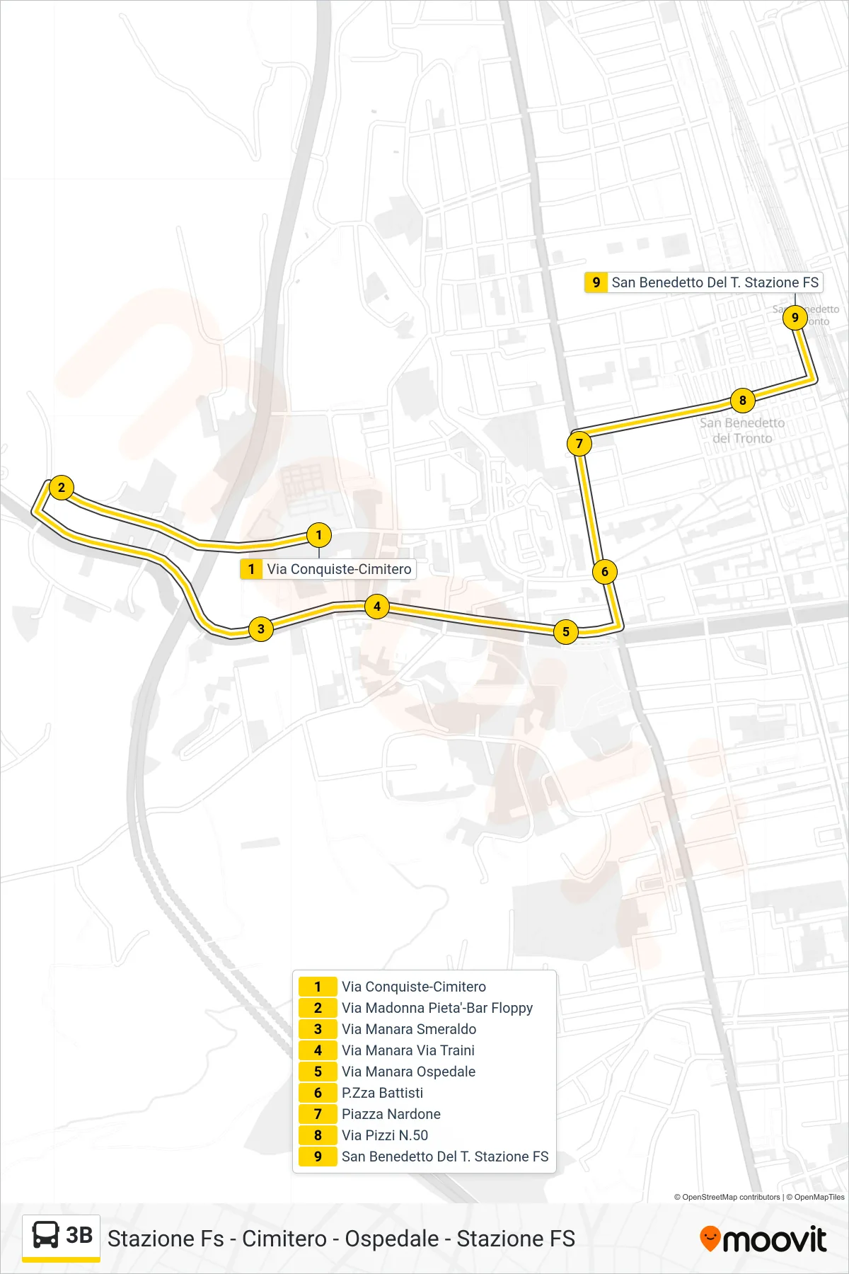 Linea 3B bus (San Benedetto Del T. Stazione FS) - Percorsi e fermate sulla mappa