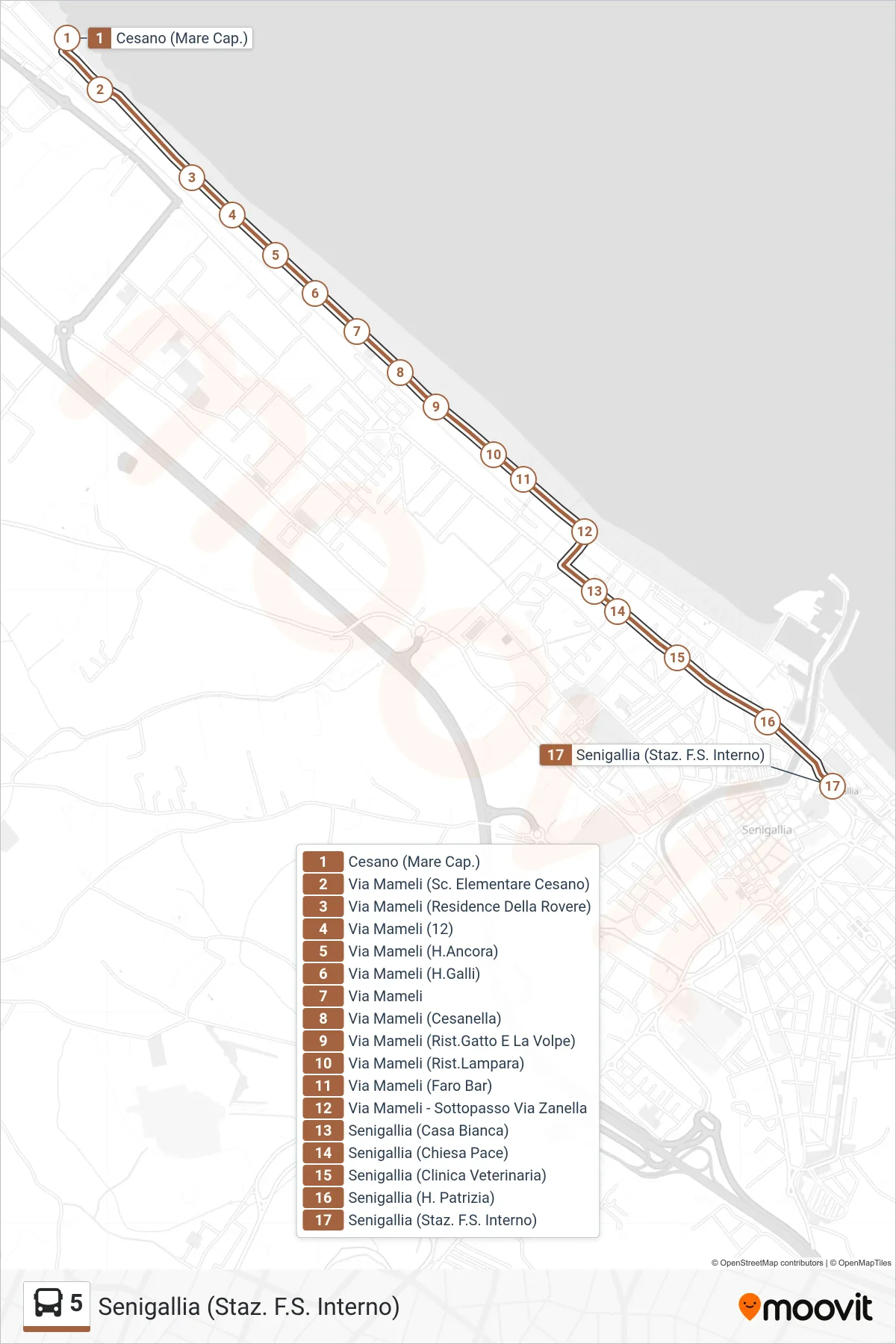 Linea 5 bus (Senigallia (Staz. F.S. Interno)) - Percorsi e fermate sulla mappa