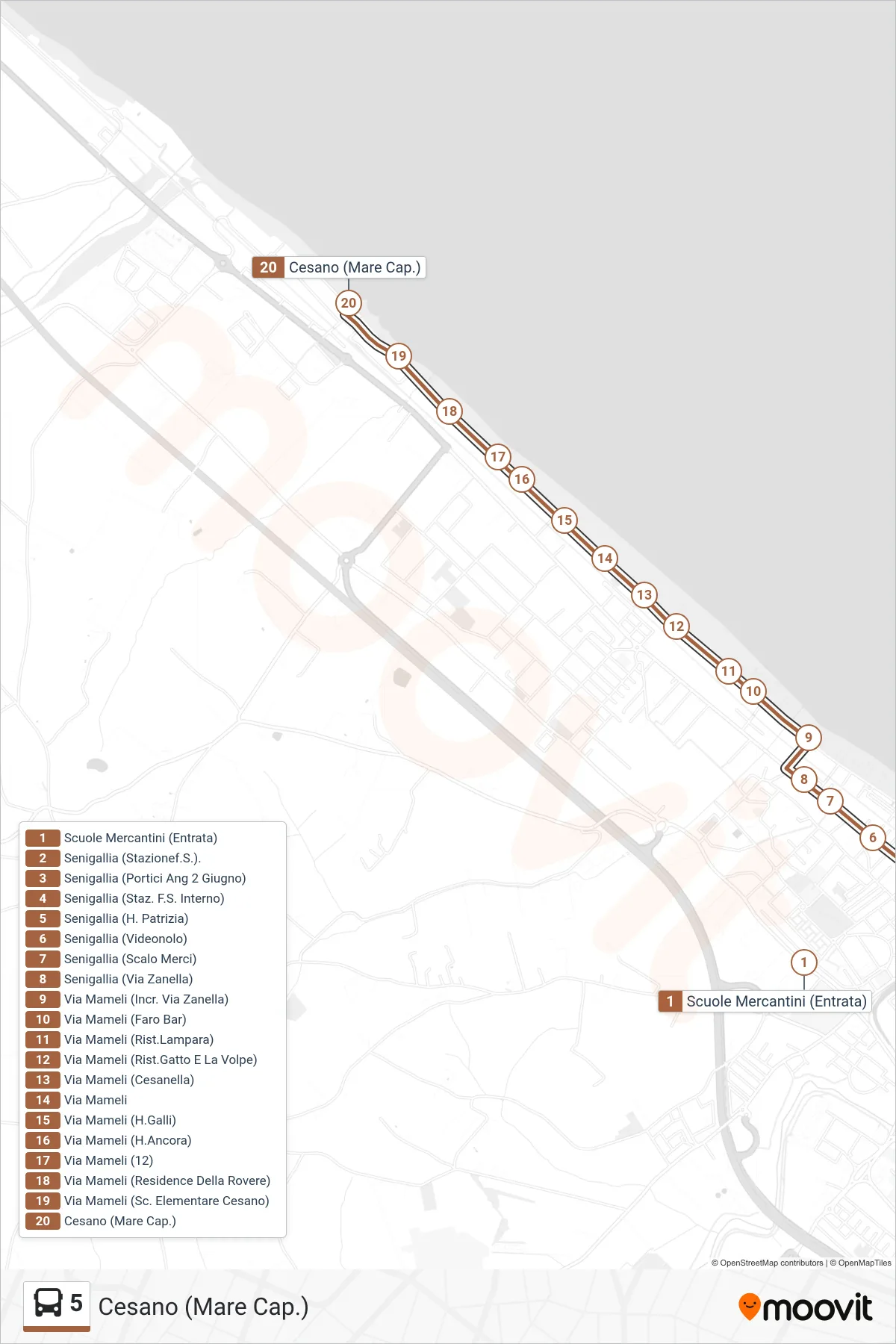 5 bus Line (Cesano (Beach Terminal)) route and stops on a map
