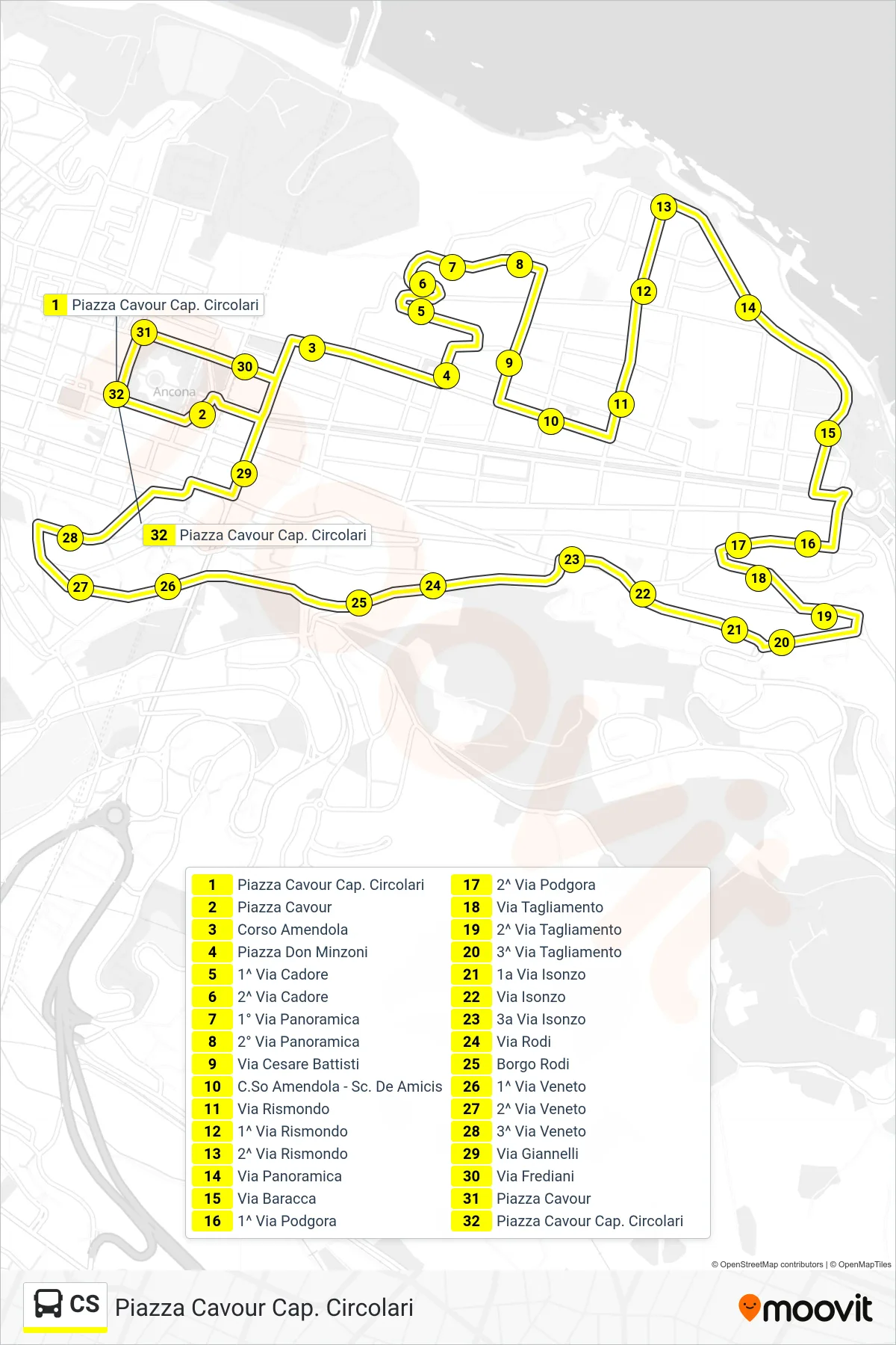 Linea CS  bus (Piazza Cavour Cap. Circolari) - Percorsi e fermate sulla mappa