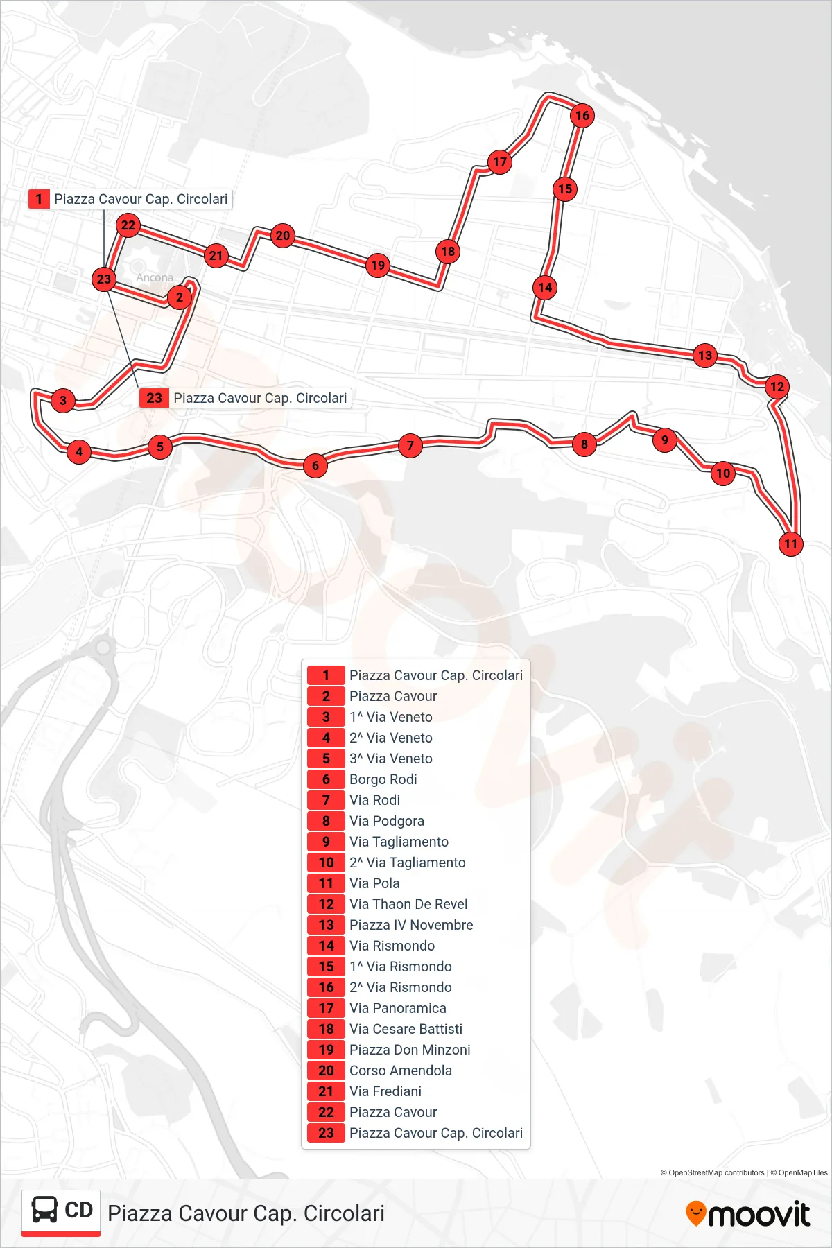 Linea CD  bus (Piazza Cavour Cap. Circolari) - Percorsi e fermate sulla mappa