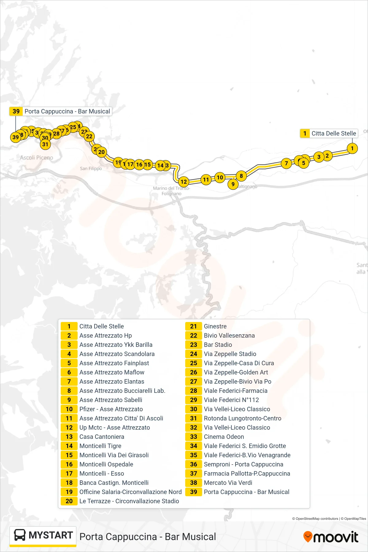 Linea MYSTART bus (Porta Cappuccina - Bar Musical) - Percorsi e fermate sulla mappa