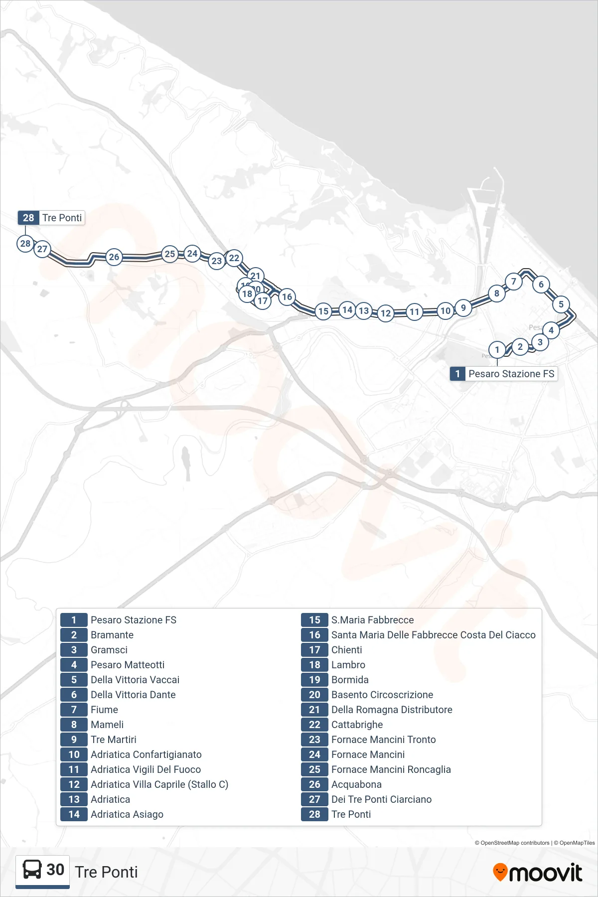 Linea 30 bus (Tre Ponti) - Percorsi e fermate sulla mappa
