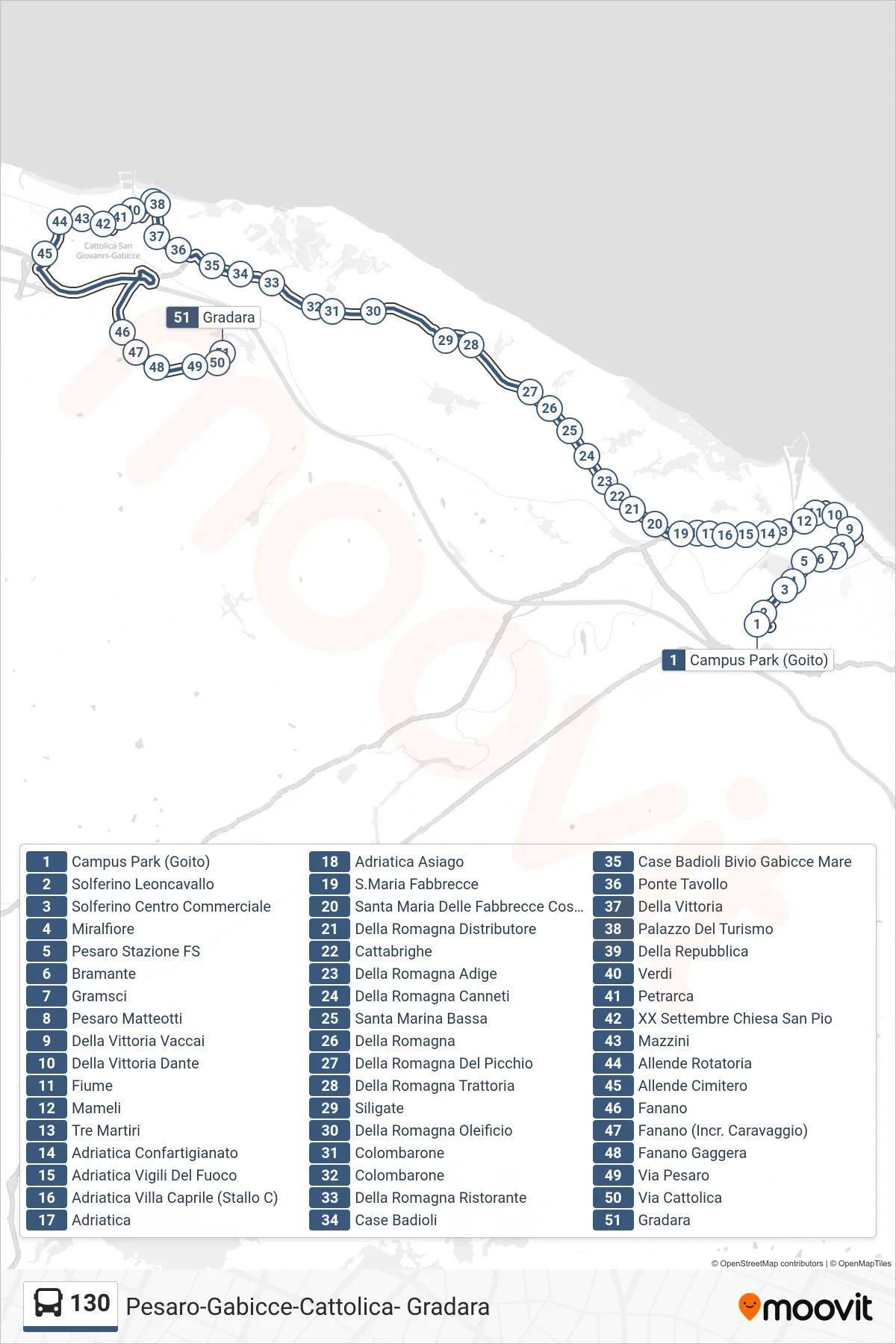 Linea 130 bus (Gradara) - Percorsi e fermate sulla mappa