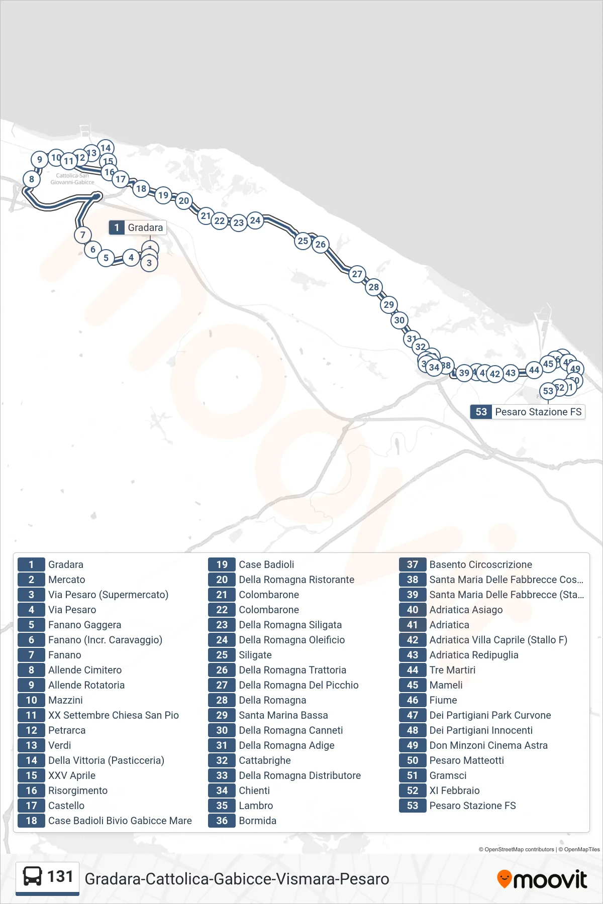 Linea 131 bus (Pesaro Stazione Ff.Ss.) - Percorsi e fermate sulla mappa
