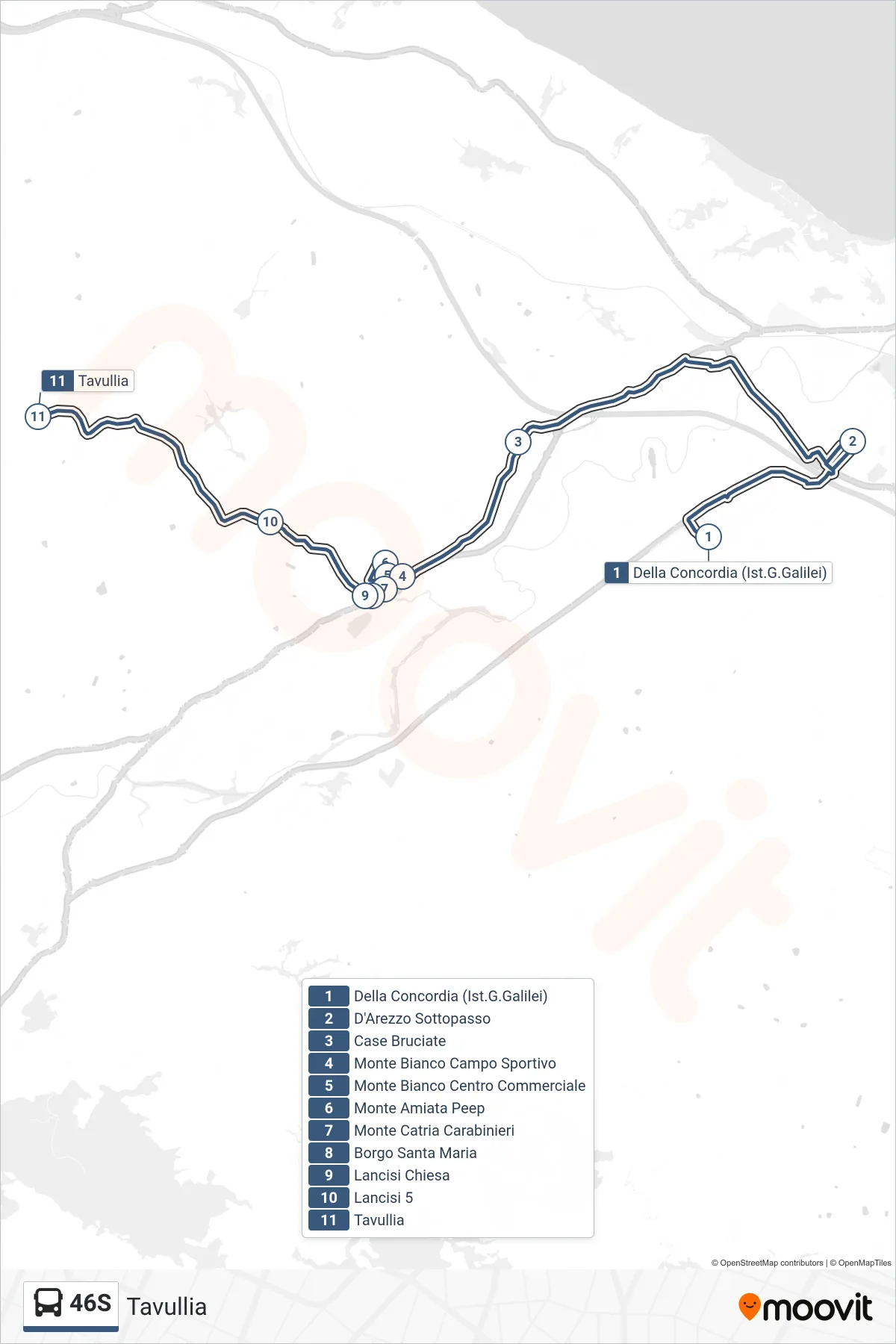 Linea 46S bus (Tavullia) - Percorsi e fermate sulla mappa