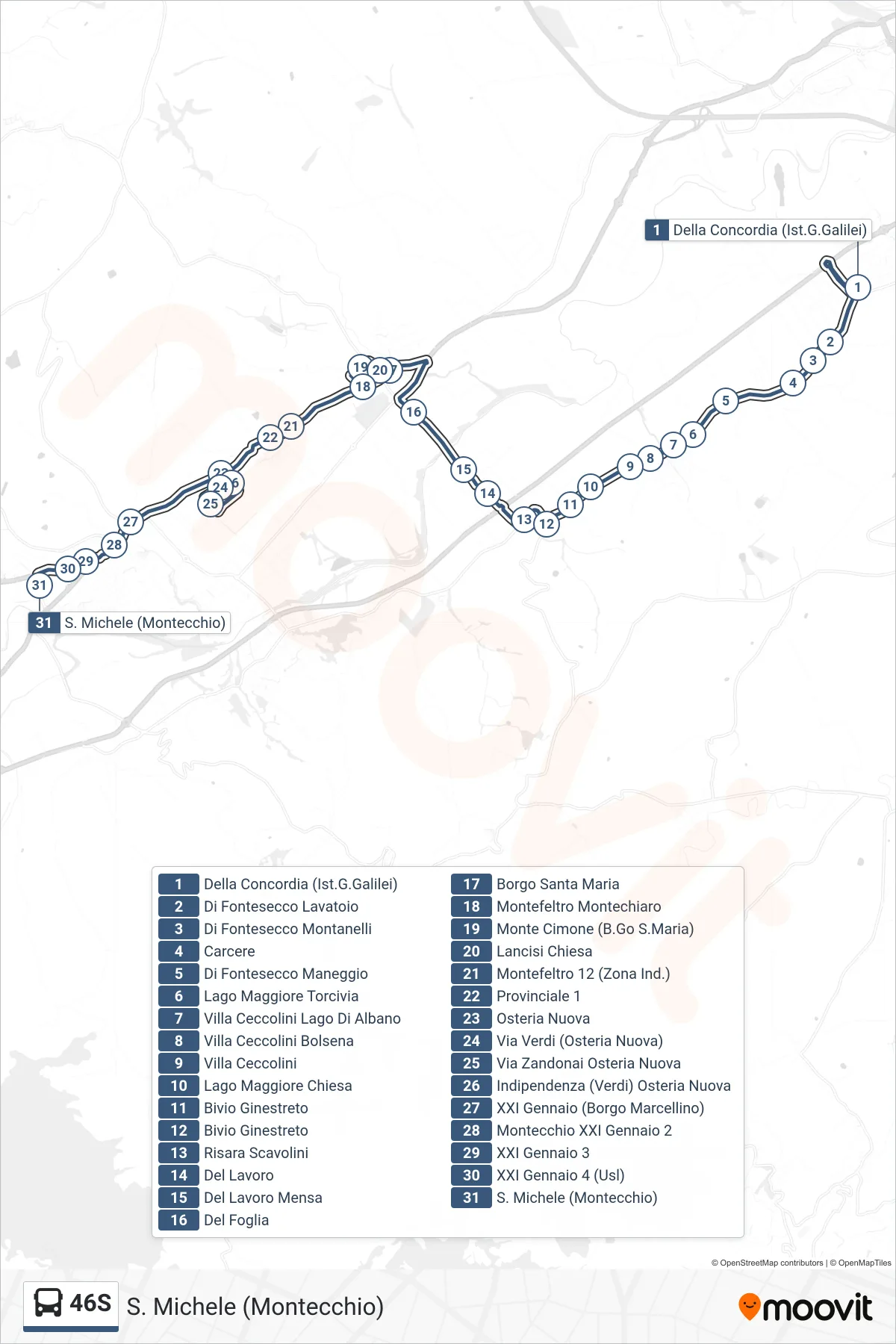 46S bus Line (San Michele (Montecchio)) route and stops on a map