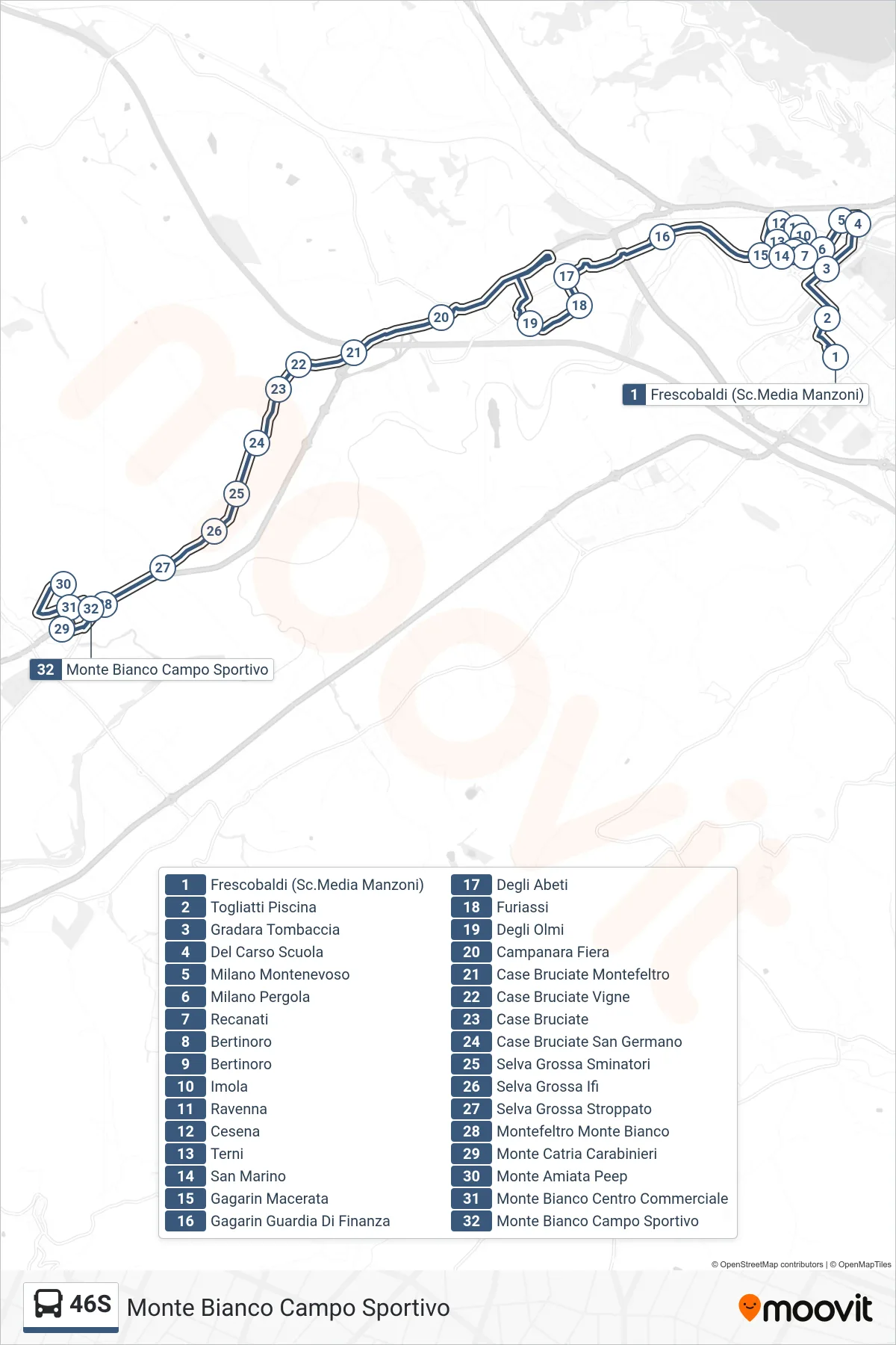 46S bus Line (Monte Bianco Sports Field) route and stops on a map