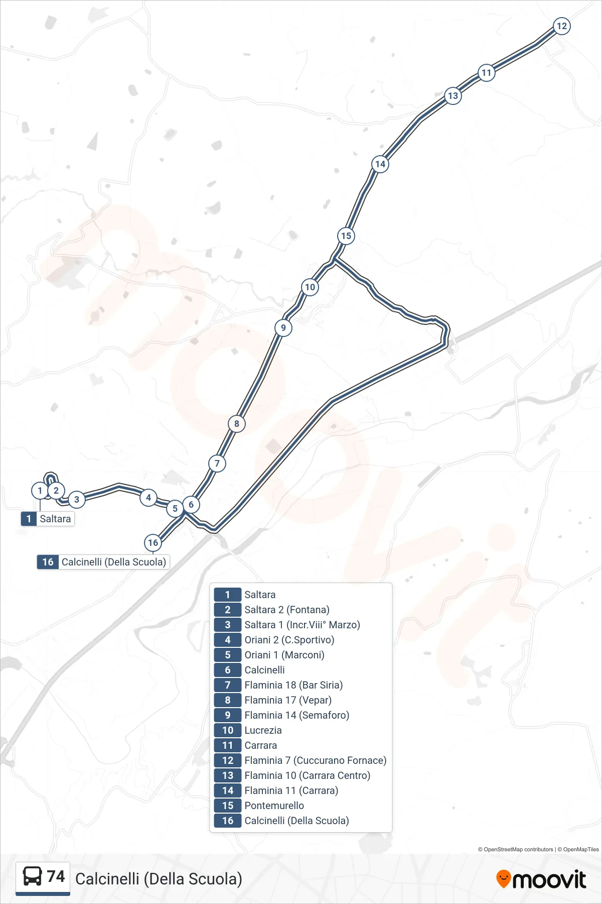 Linea 74  bus (Calcinelli (Della Scuola)) - Percorsi e fermate sulla mappa