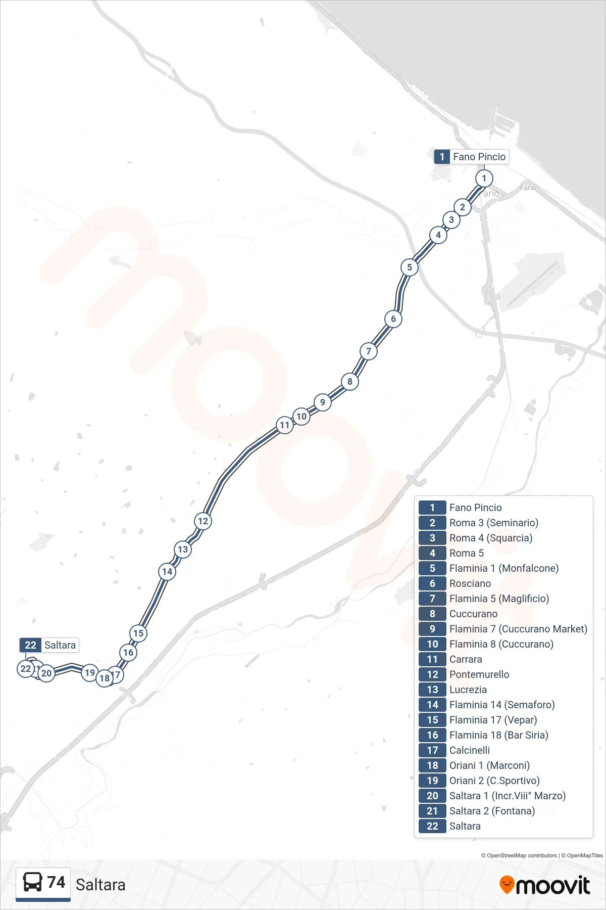 Linea 74 bus (Saltara) - Percorsi e fermate sulla mappa