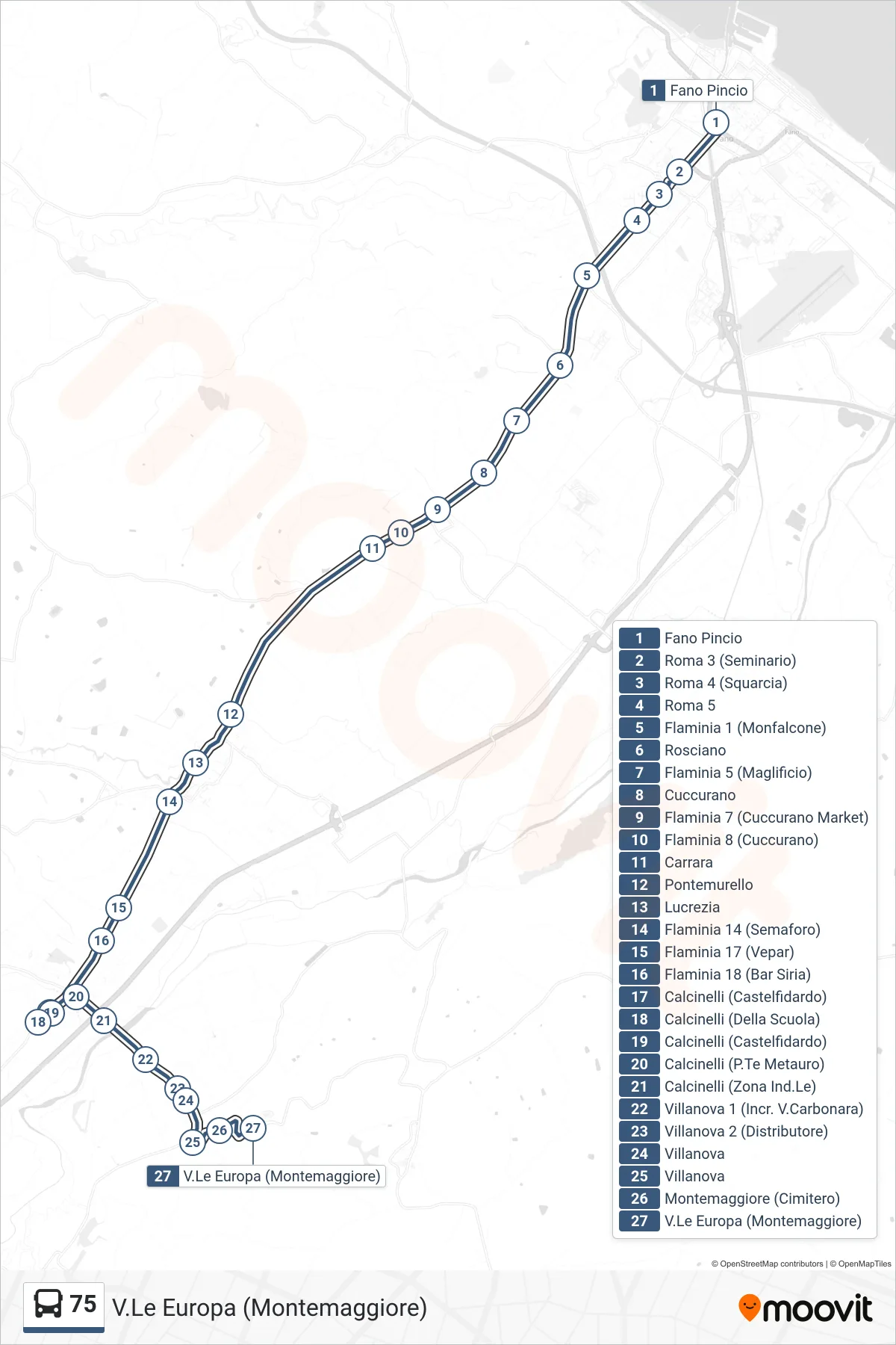 Linea 75 bus (V.Le Europa (Montemaggiore)) - Percorsi e fermate sulla mappa
