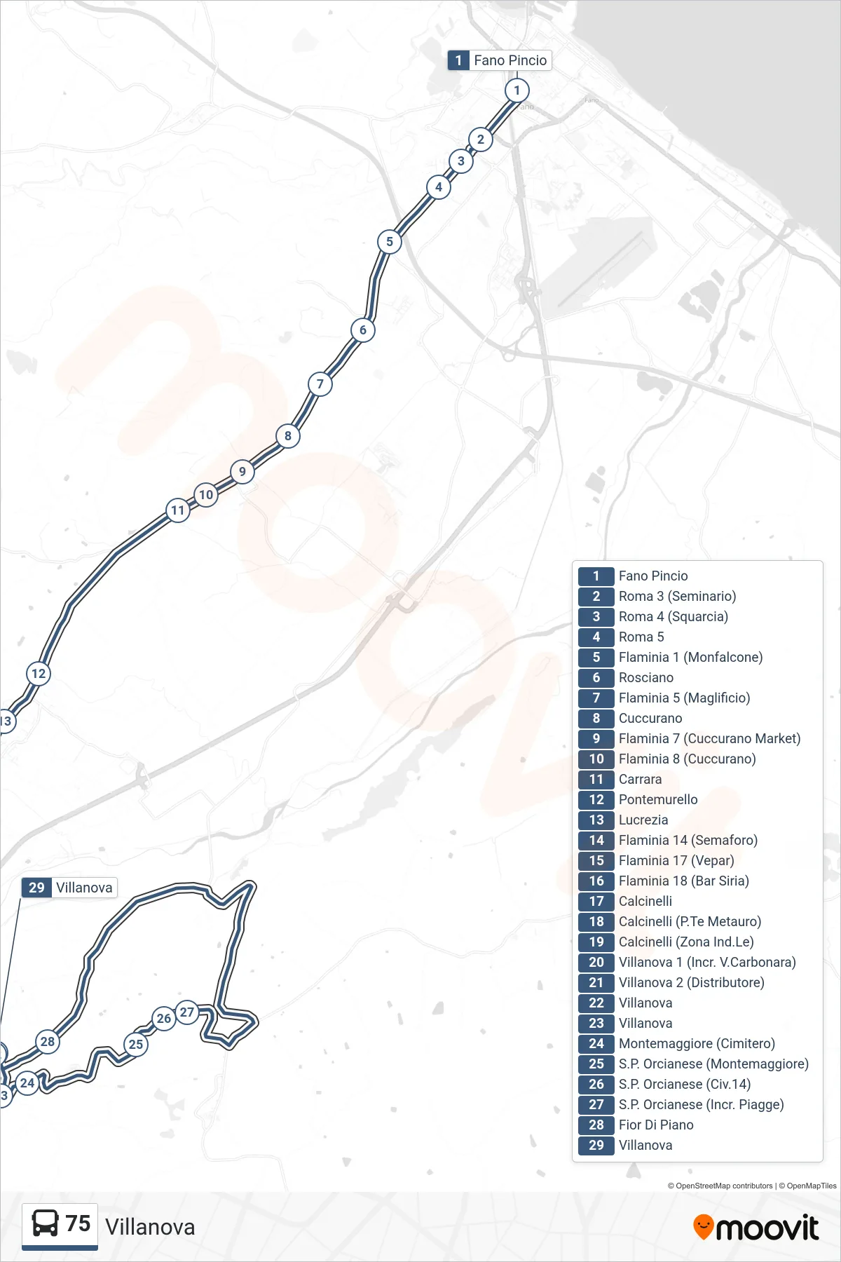 75 bus Line (Villanova) route and stops on a map