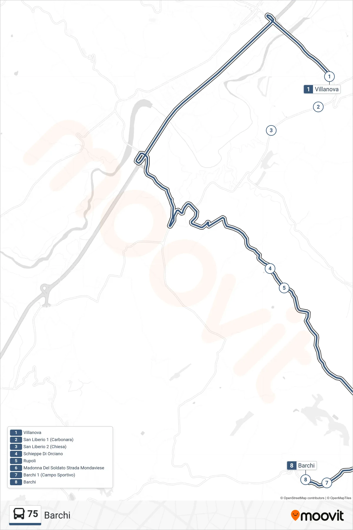Linea 75 bus (Barchi) - Percorsi e fermate sulla mappa