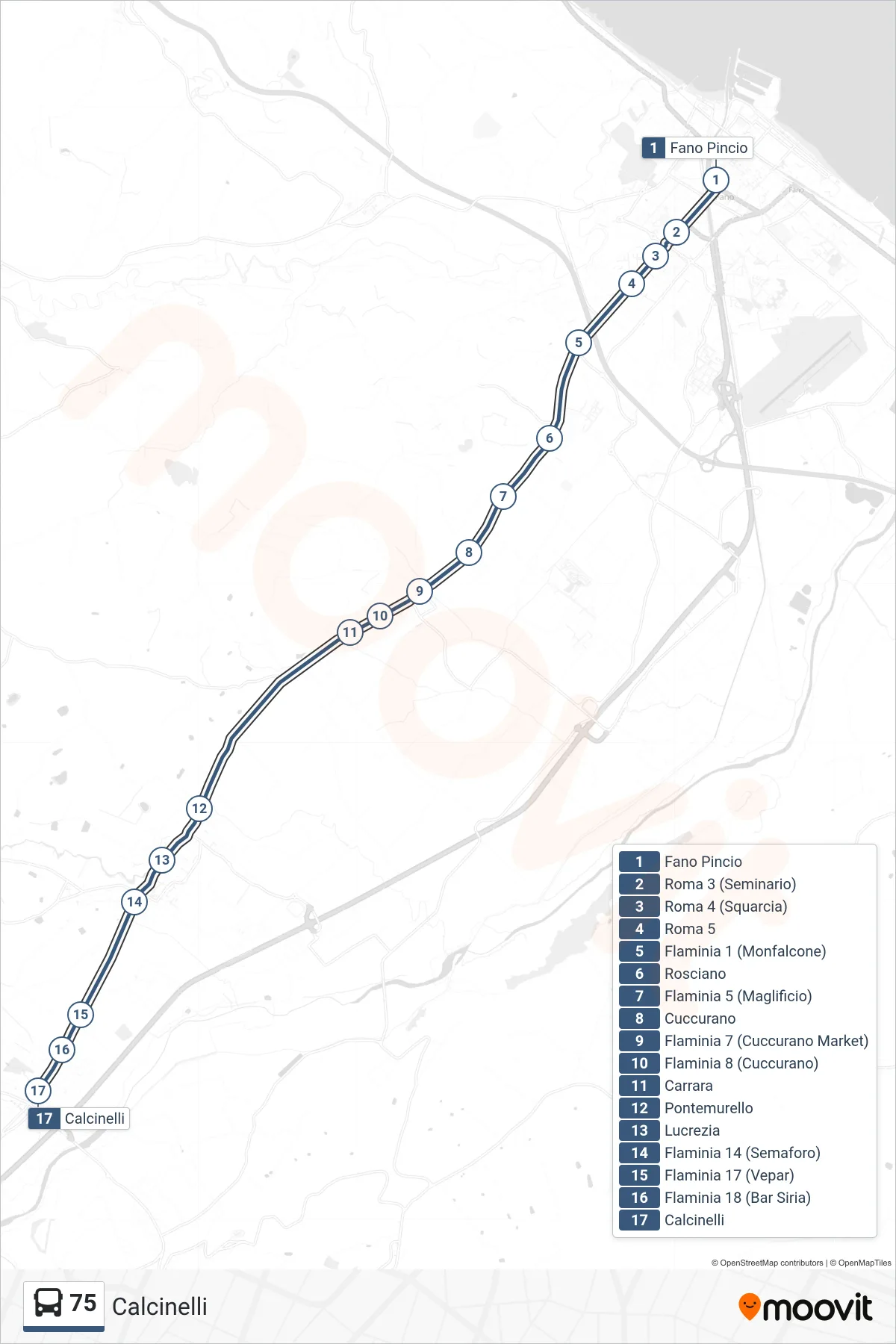 Linea 75 bus (Calcinelli) - Percorsi e fermate sulla mappa