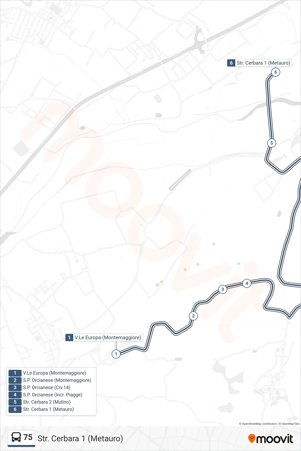 Linea 75  bus (Str. Cerbara 1 (Metauro)) - Percorsi e fermate sulla mappa
