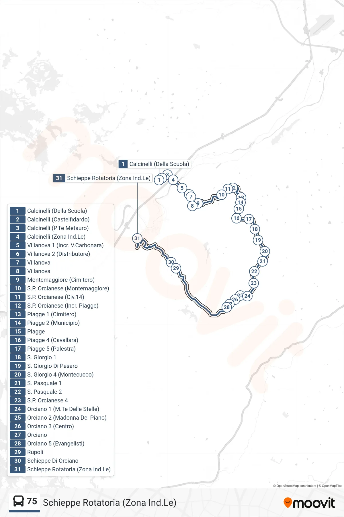 Linea 75 bus (Schieppe Rotatoria (Zona Ind.Le)) - Percorsi e fermate sulla mappa