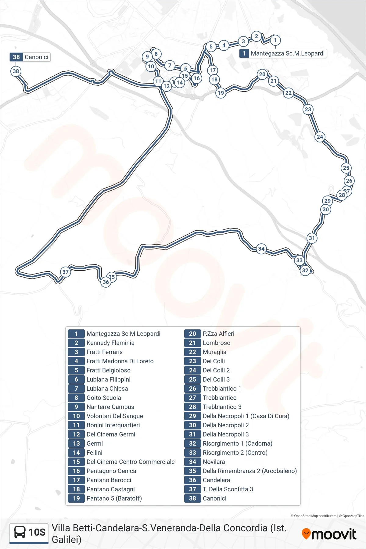 10S bus Line (Canonici) route and stops on a map